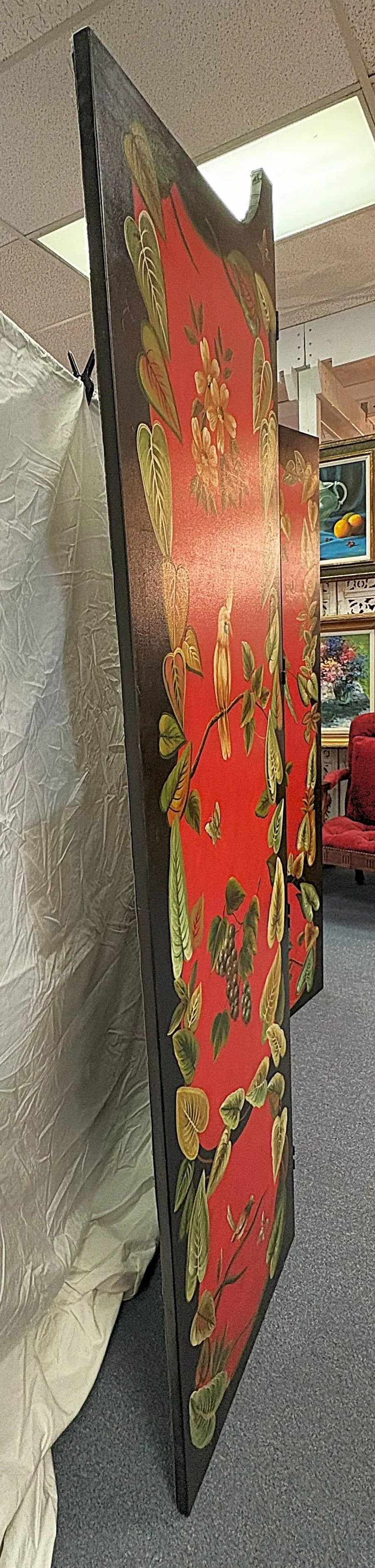 Vintage Chelsea House 3-Panel Canvas Floor Screen Hand Painted by Artist Lin Wu With Birds, Foliage - 7