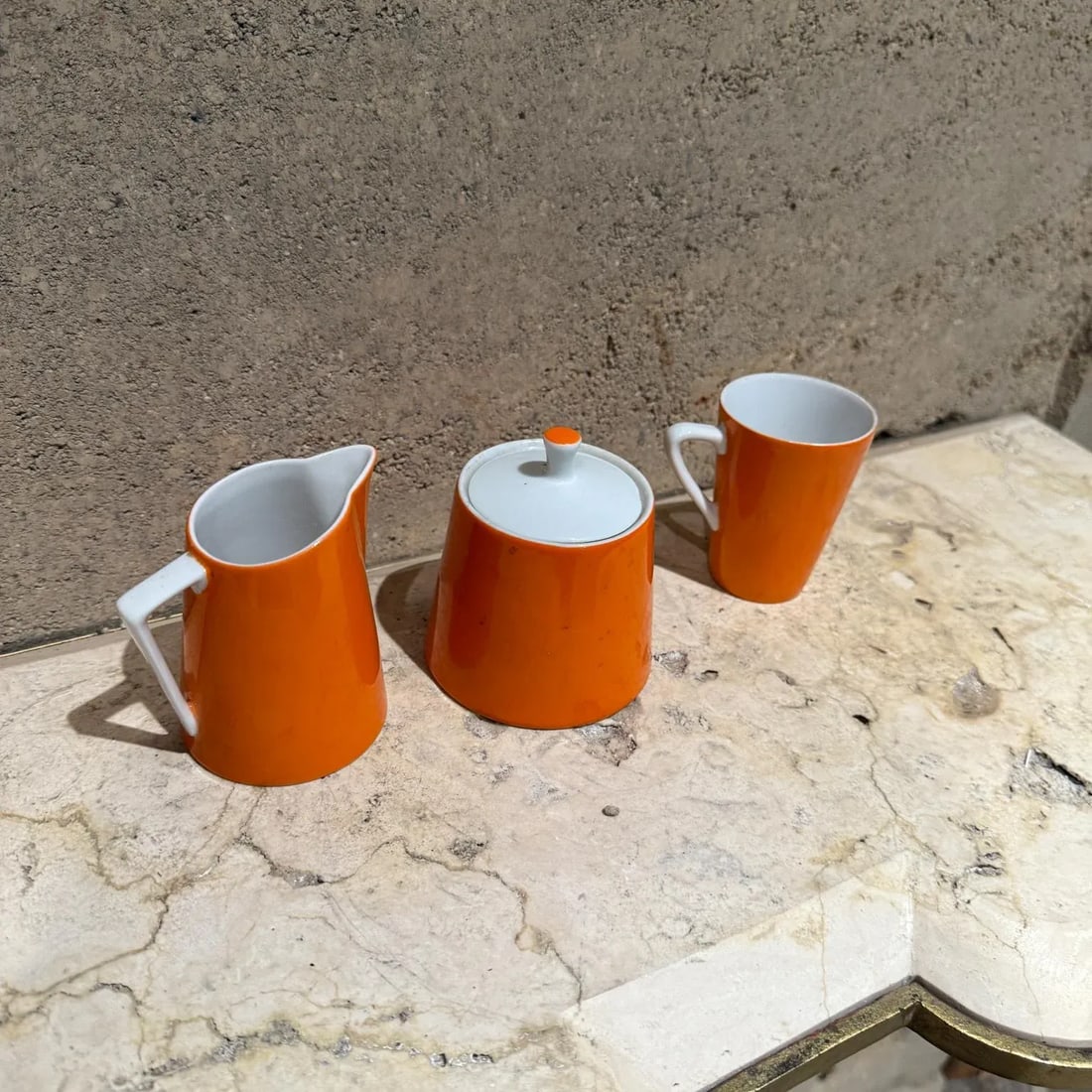 1960s Modernist Orange Sugar Creamer Set & Coffee Mug - 3