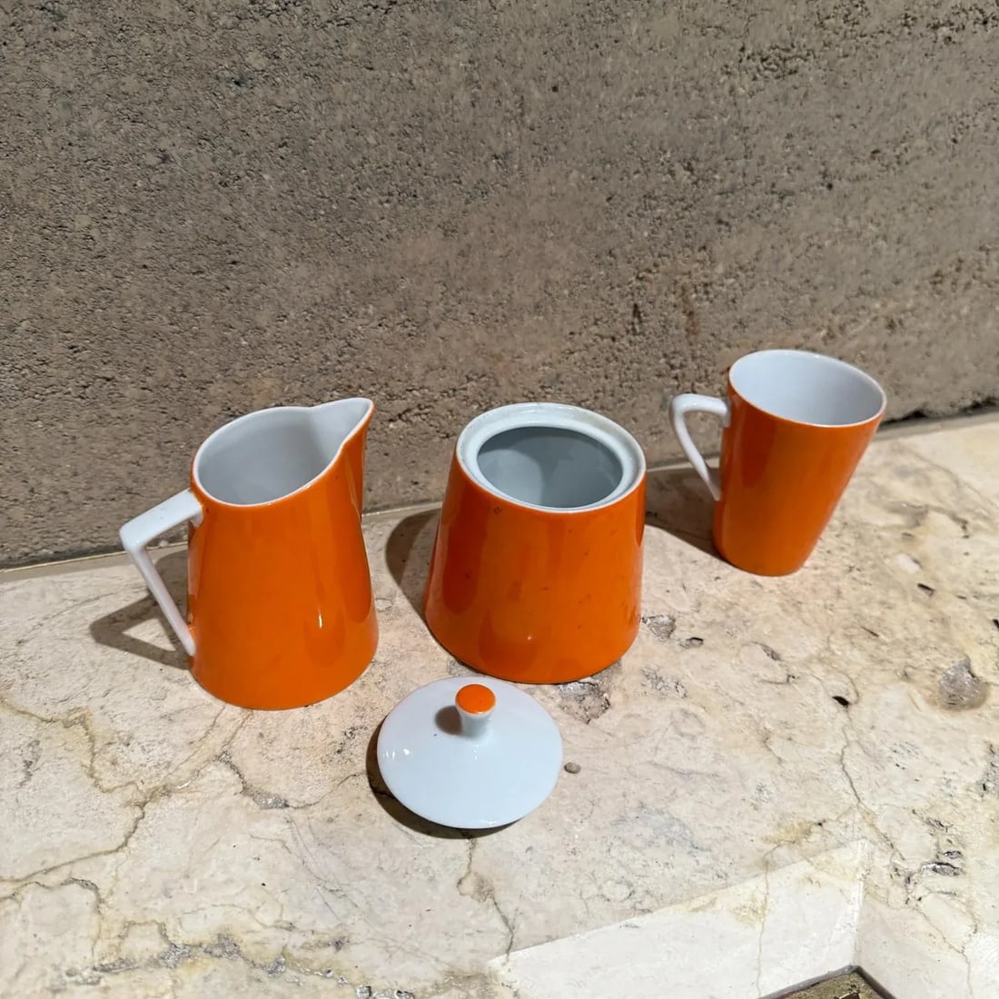 1960s Modernist Orange Sugar Creamer Set & Coffee Mug - 4