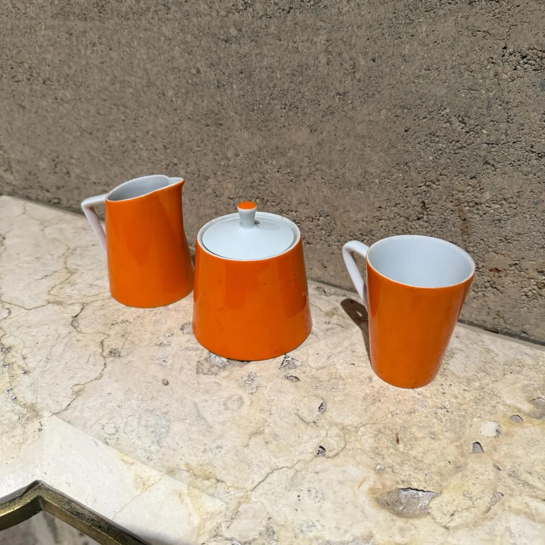 1960s Modernist Orange Sugar Creamer Set & Coffee Mug - 5