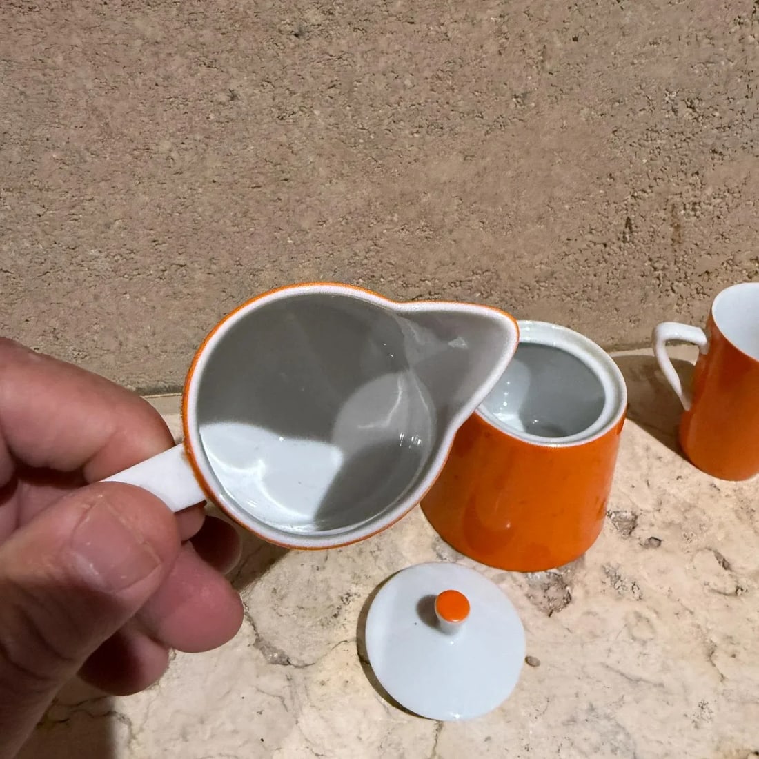 1960s Modernist Orange Sugar Creamer Set & Coffee Mug - 8
