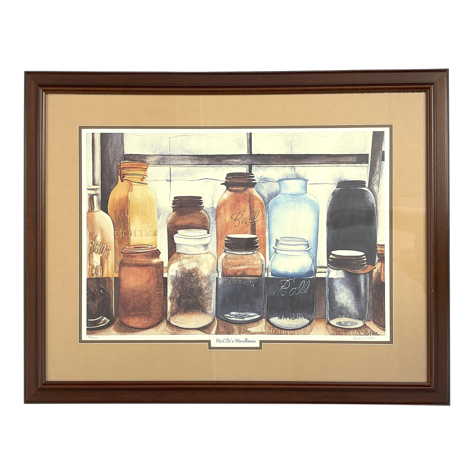 Signed & Numbered Print of Susan Fair's 'Mason Jars' Watercolor Painting for Ma Cille's Miscellanea: Wonderful signed and numbered print by Susan Fair. It is a print of a watercolor painting depicting various mason jars on a windowsill. It was painted for Ma Cille's Miscellanea Museum in Gordo,