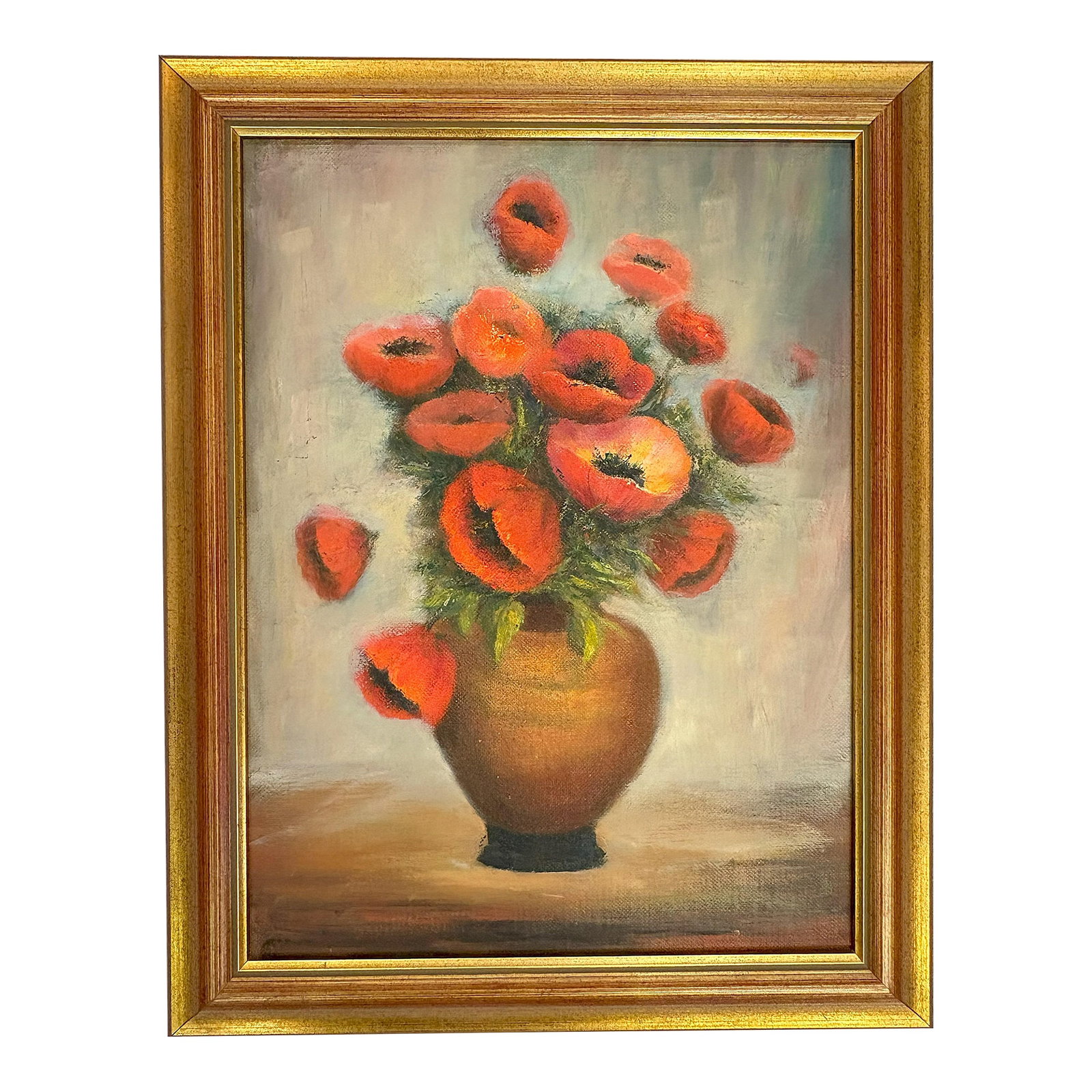 Original Framed Still Life Painting on Board 'Pretty Poppies': Colorful original framed still life painting on board from the late 20th century. It depicts 'Pretty Poppies' in shades of red and green on a greige background. It is not signed. It's professionally