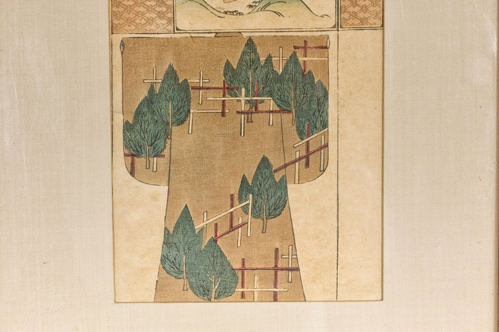 Antique Japanese Minimalist Woodblock Print with Bird and Trees in Custom Frame - 10