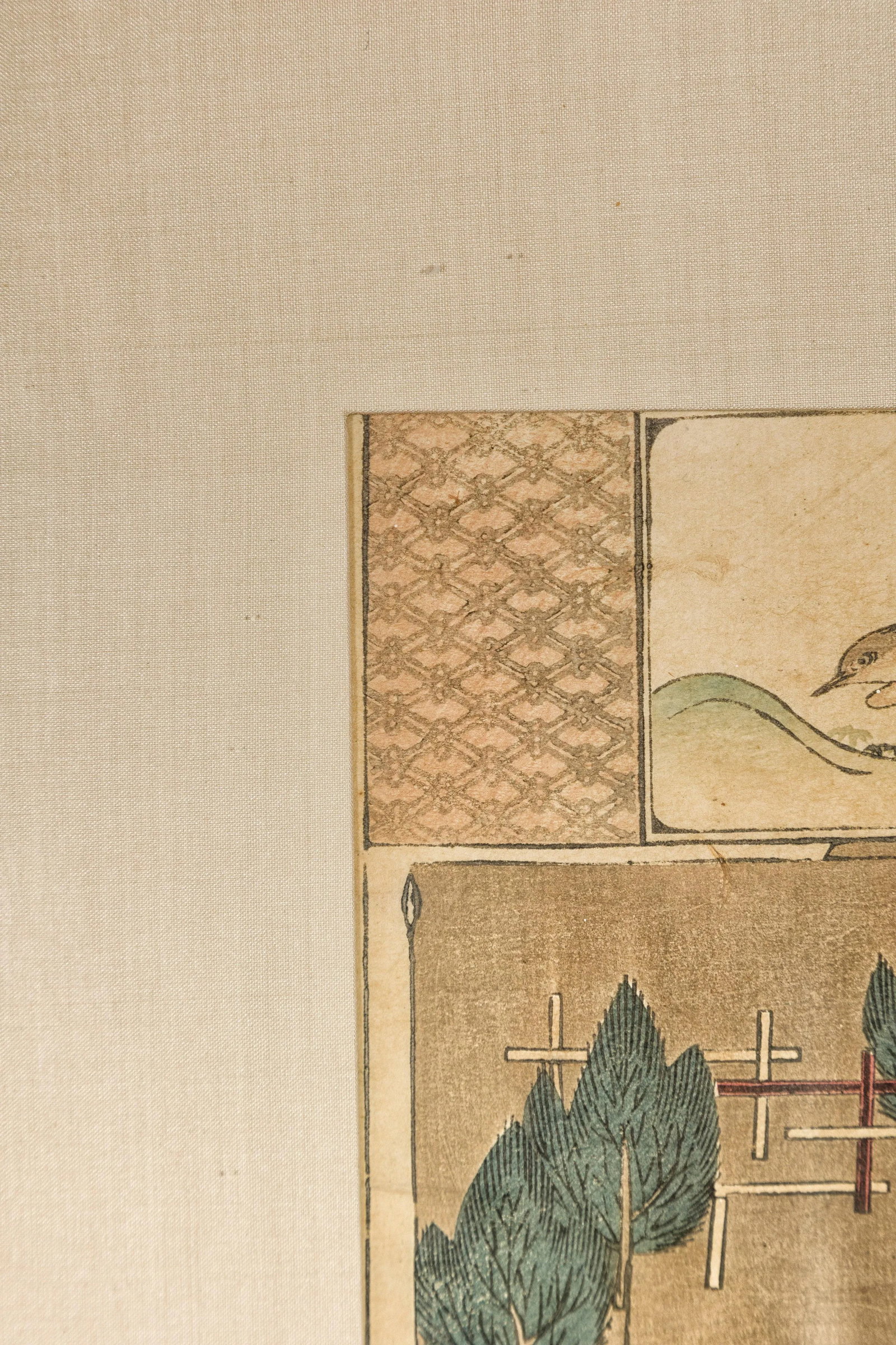 Antique Japanese Minimalist Woodblock Print with Bird and Trees in Custom Frame - 11
