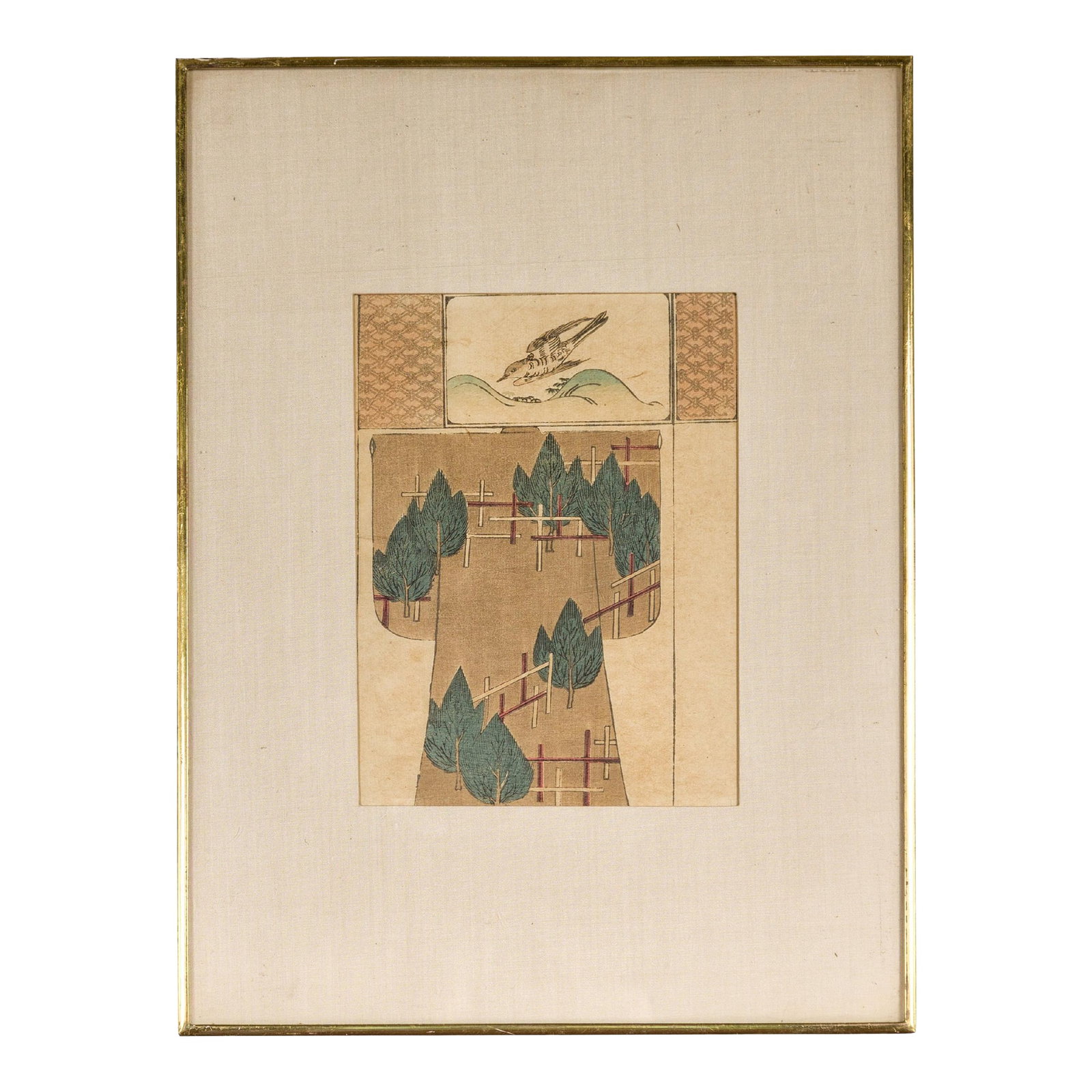 Antique Japanese Minimalist Woodblock Print with Bird and Trees in Custom Frame (1 of 12)