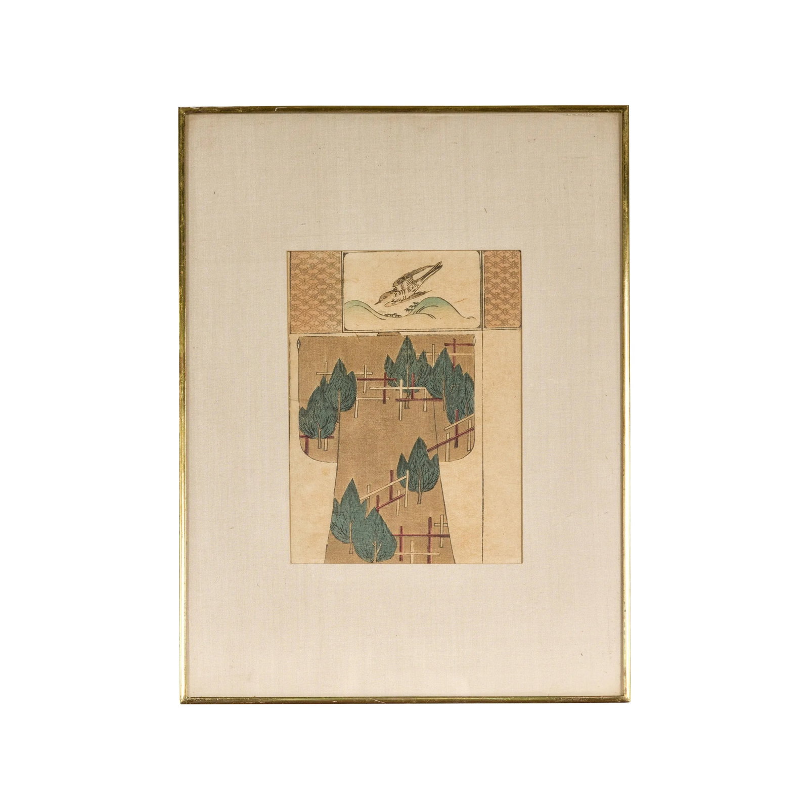 Antique Japanese Minimalist Woodblock Print with Bird and Trees in Custom Frame - 5