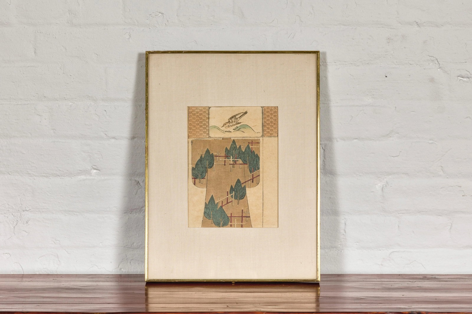 Antique Japanese Minimalist Woodblock Print with Bird and Trees in Custom Frame - 6