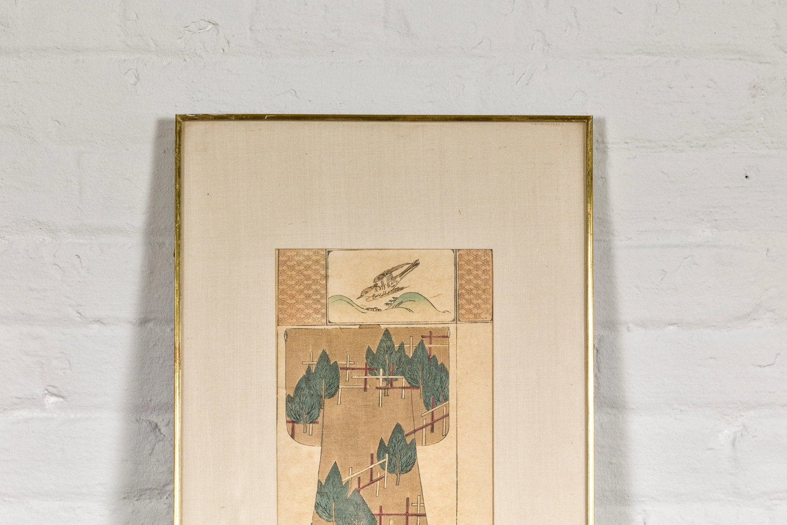 Antique Japanese Minimalist Woodblock Print with Bird and Trees in Custom Frame - 7