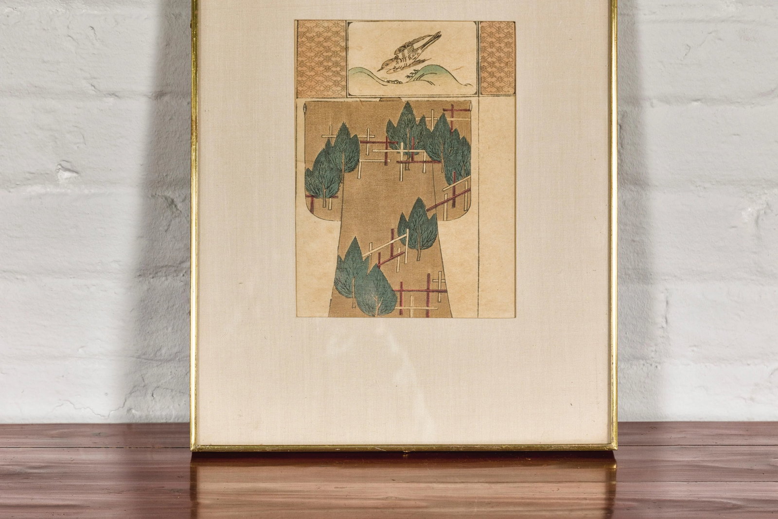 Antique Japanese Minimalist Woodblock Print with Bird and Trees in Custom Frame - 8