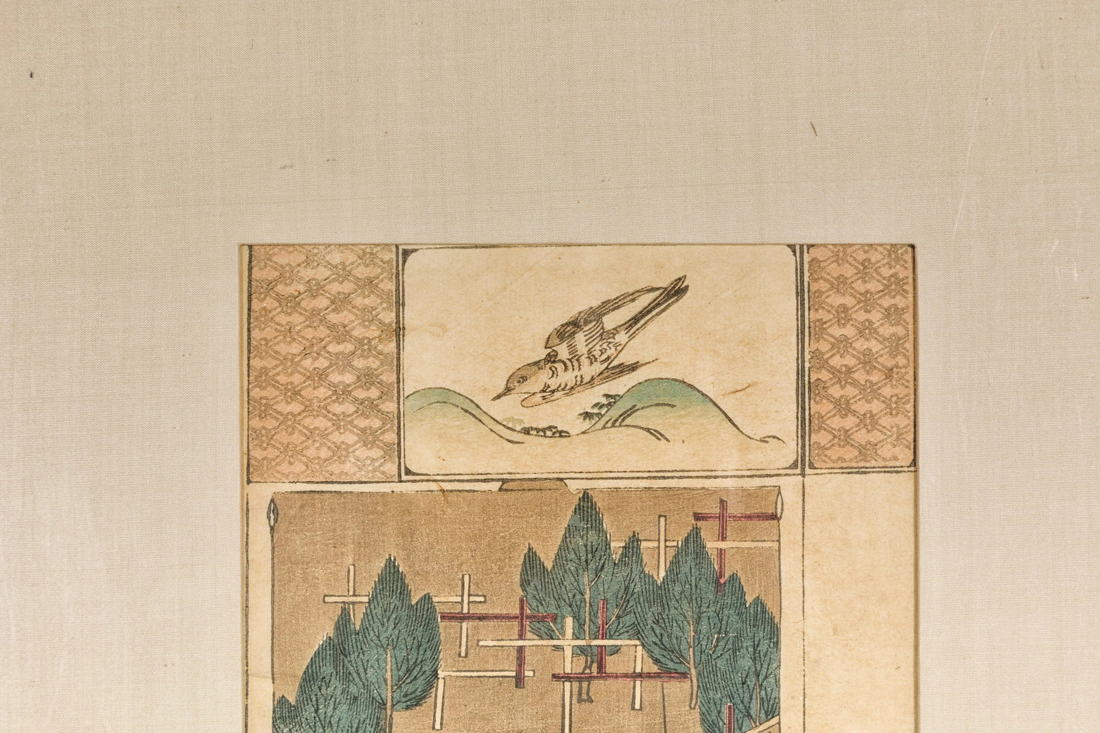 Antique Japanese Minimalist Woodblock Print with Bird and Trees in Custom Frame - 9