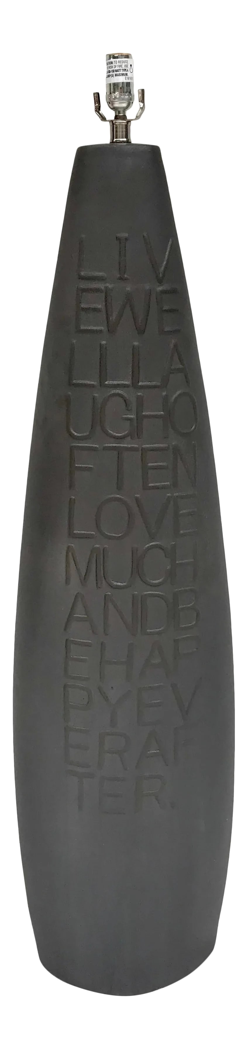Live Well Laugh Often Modern Art Lamp: This lamp will remind you everyday to "Live Well Laugh Often Love Much and Be Happy Forever." It is made of ceramic, in a modern gray with a textural treatment - a bit like concrete. It's very sturdy