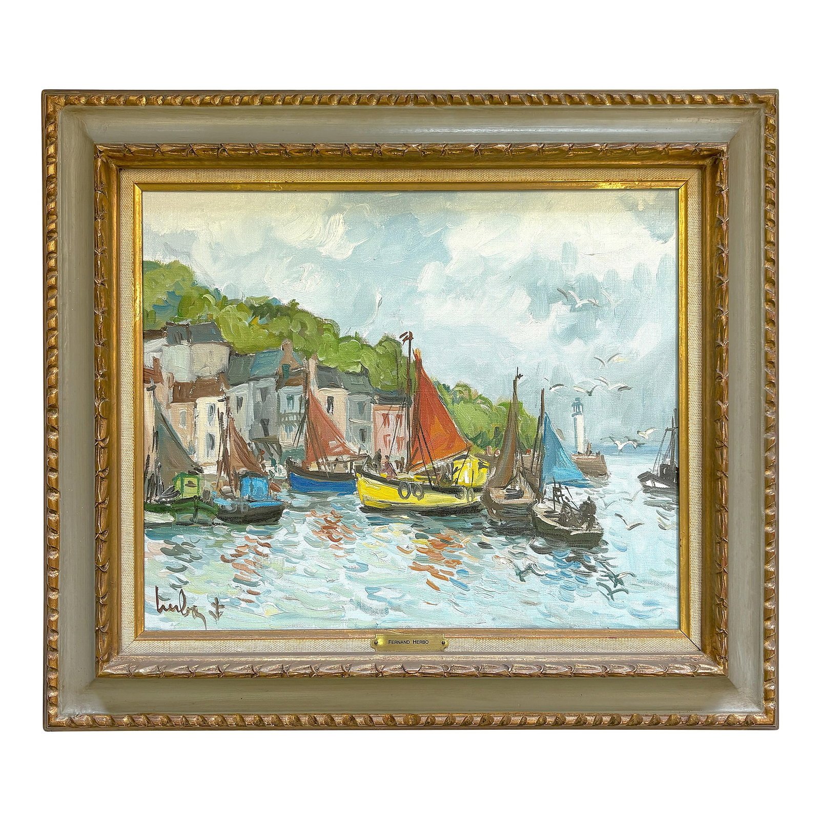 Original Signed & Framed Oil Painting on Canvas by 'Fernand Herbo' (France, 1904-1995): Delightful original signed oil painting on canvas by highly collectible artist Fernand Herbo (France, 1904-1995). Herbo was made official painter of the French Navy in 1944, and from this point