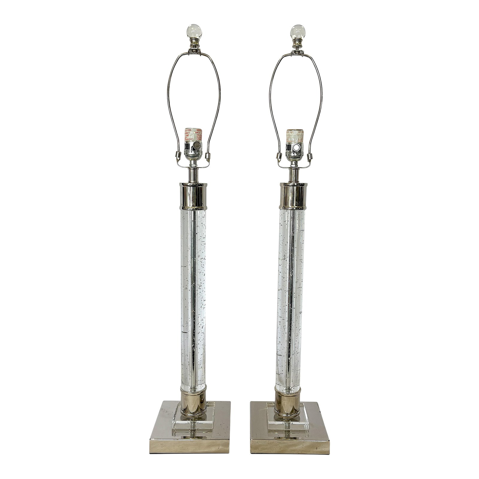 Crystal and Chrome 3-Way Led Column Lamps- A Pair: Great pair of crystal and chrome column lamps. They are on a three-way switch and can light just the top bulb, or just the column, or both together. They come with a harp and coordinating sphere