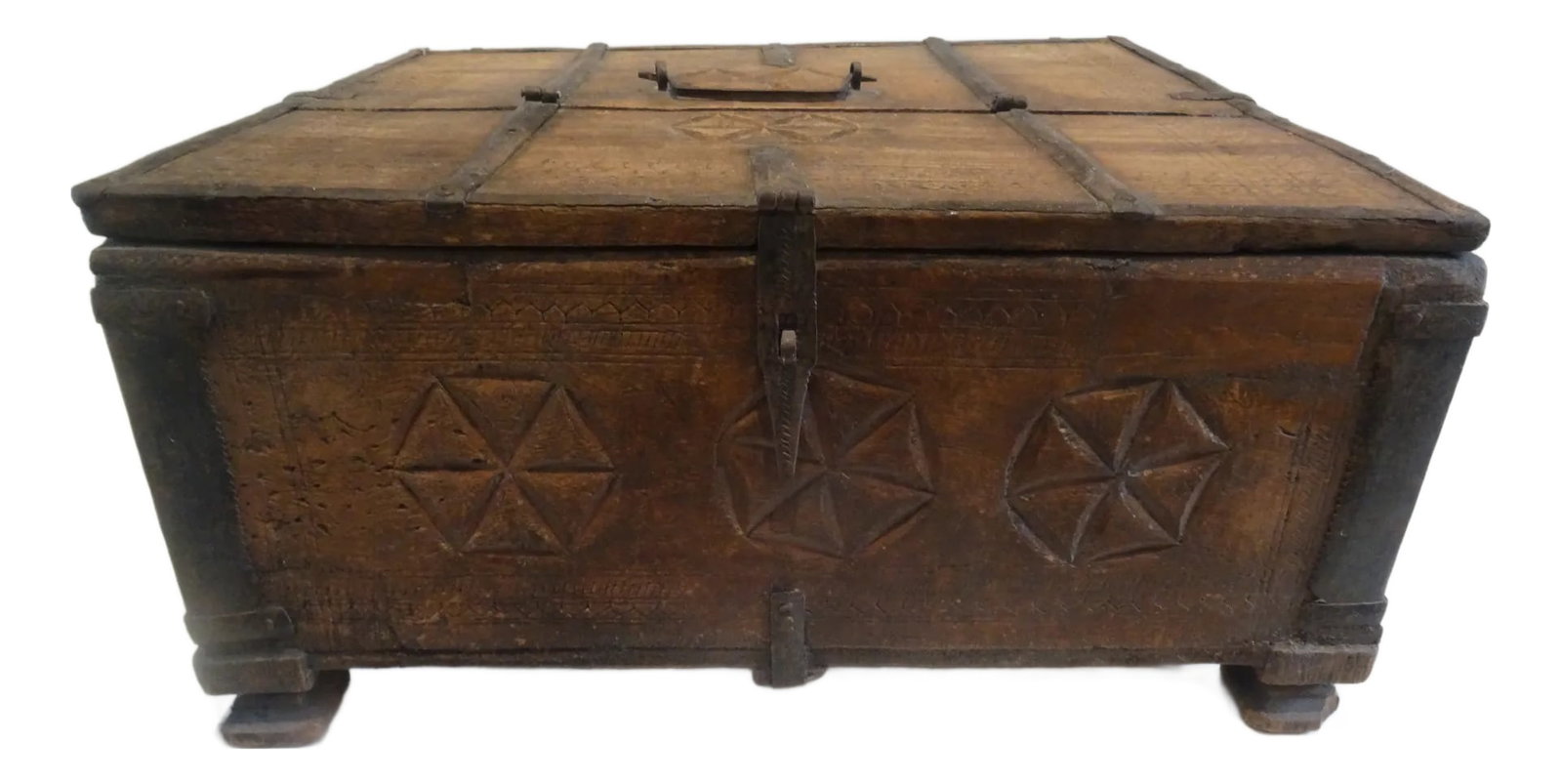 Extra Large 19th Century Anglo Indian Cash or Jewelry Box: A Vintage Hand made Storage Box with metal trim and a rich patina. The door opens from the top and reveals the interior. The box rests on four feet. Condition: Alterations: Unknown Imperfections: Some