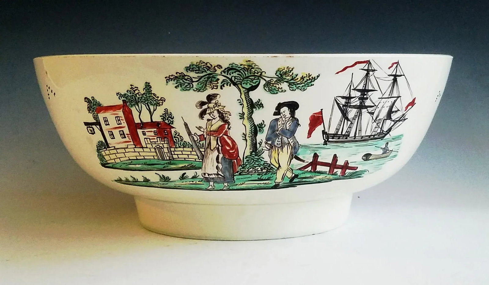 English Creamware Pottery Large Sailor's Farewell Bowl With a Chinoiserie Scene on the Reverse - 10