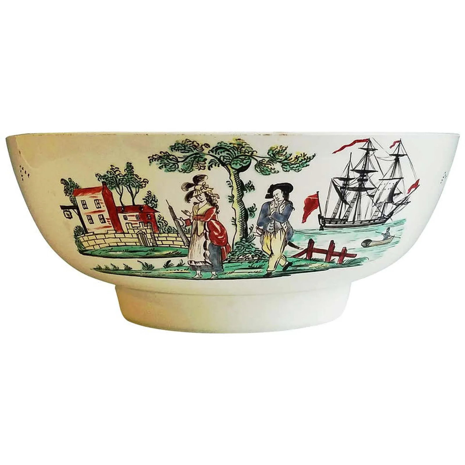 English Creamware Pottery Large Sailor's Farewell Bowl With a Chinoiserie Scene on the Reverse - 4