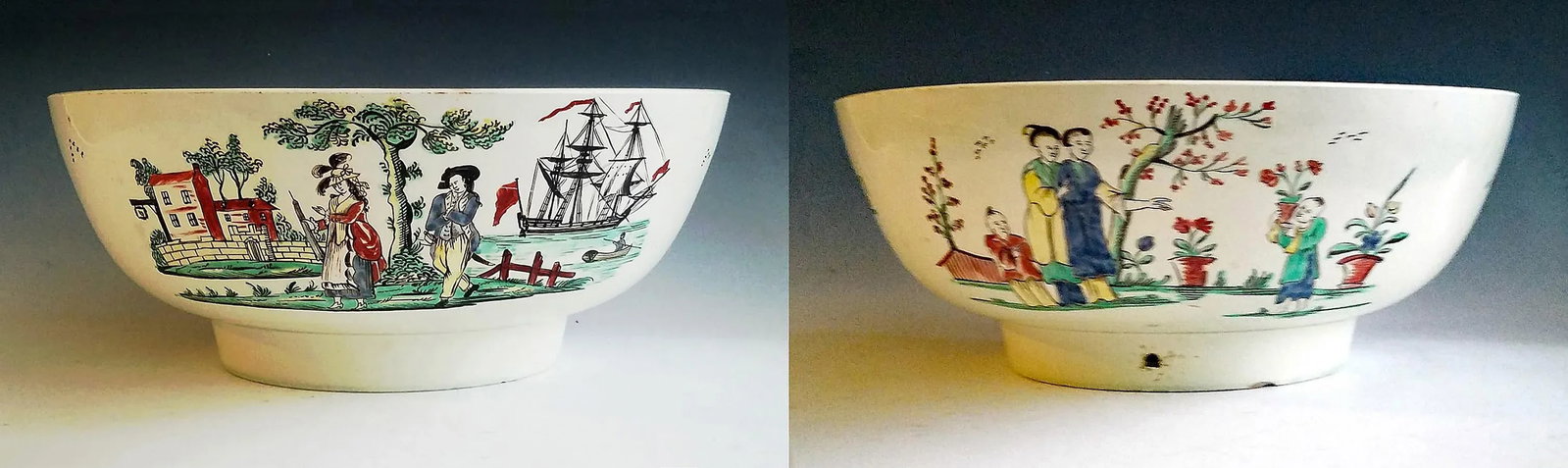 English Creamware Pottery Large Sailor's Farewell Bowl With a Chinoiserie Scene on the Reverse - 5