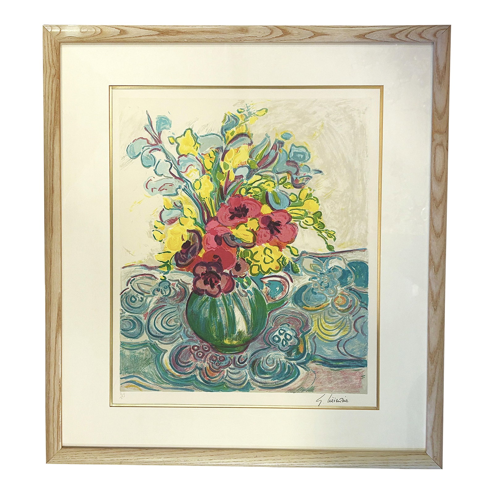 Signed and Numbered Lithograph by Gerard Viellevie (French, 1939-1992) Titled 'Bouquet of Anemones': So cheerful! This is a wonderful original lithograph by French artist Gerard Viellevie (France, 1939-1992). It is hand signed and numbered in pencil along the bottom '#7/225' and 'G. Viellevie.' It