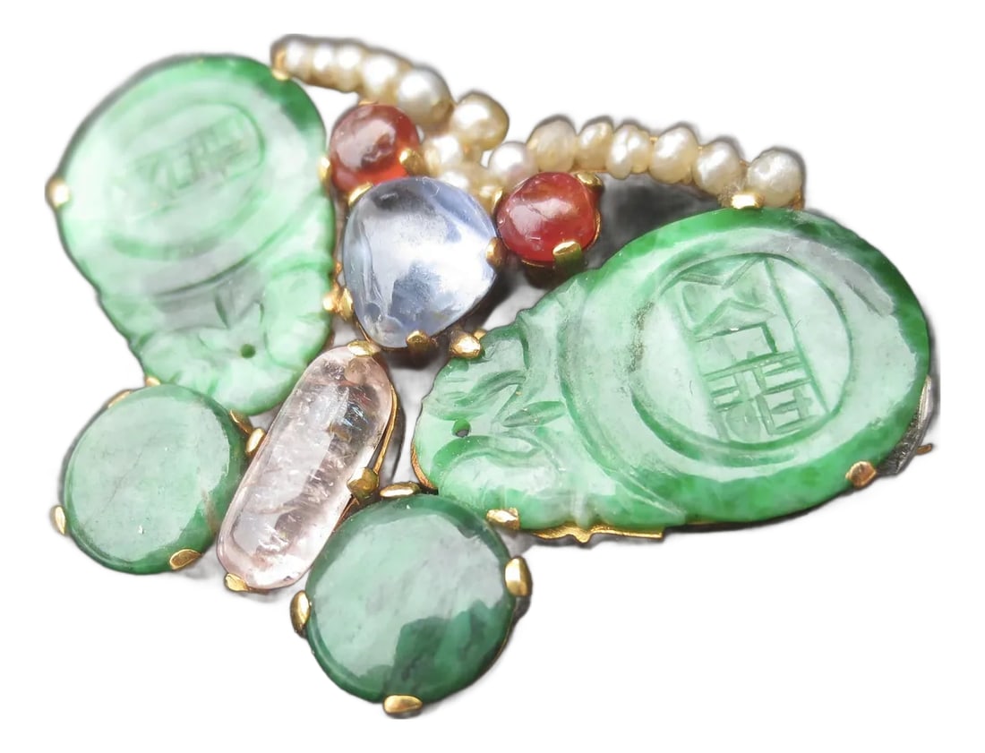 Chinese Butterfly Pin 20kt Vintage 40s: 20kt gold Pin. Chinese circa 40s jewelry constructed from antique Chinese elements, Jade elements form the wings, and cabochon ruby, sapphires, seed pearls, and pink quartz form the body elements. A