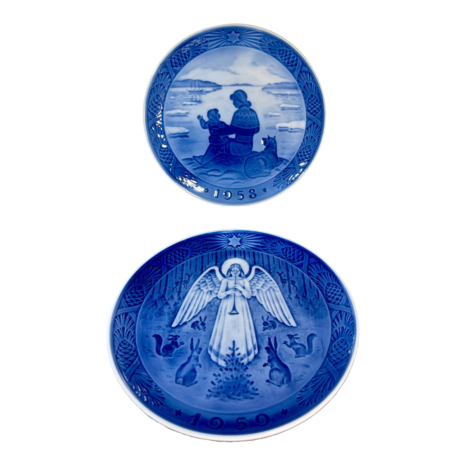 1950s Royal Copenhagen (Denmark) Blue & White Annual Christmas Plates- Set of 2: Two blue and white glazed porcelain Christmas plates by Royal Copenhagen 1958 & 1959. *Acquired from the formerly Packwood House Museum, Lewisburg, PA (1972-2020). Packwood House Museum was among the