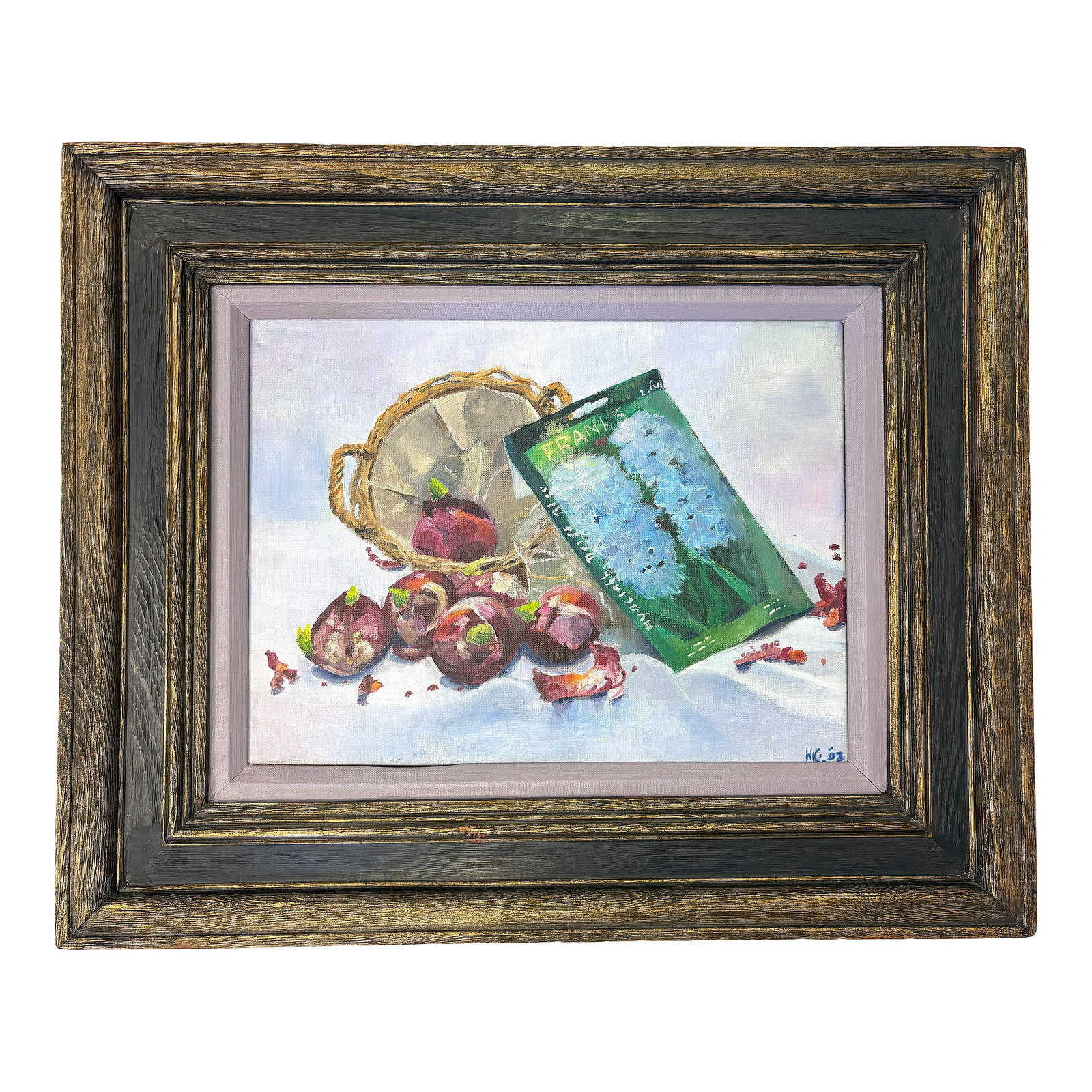 Original Framed and Signed Painting on Canvas of 'Hyacinth Bulbs in a Basket': Adorable original framed still life painting on canvas circa 2003. It depicts 'Hyacinth Bulbs in a Basket' in shades of lavender, burgundy and green. It is signed 'HG '03' in the bottom right corner.