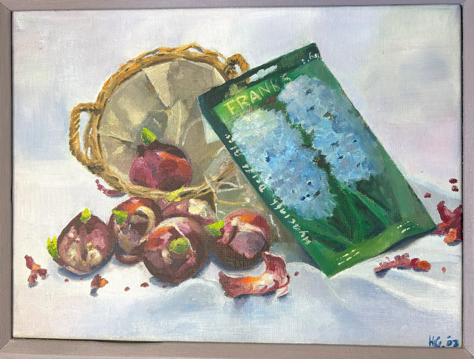 Original Framed and Signed Painting on Canvas of 'Hyacinth Bulbs in a Basket' - 2