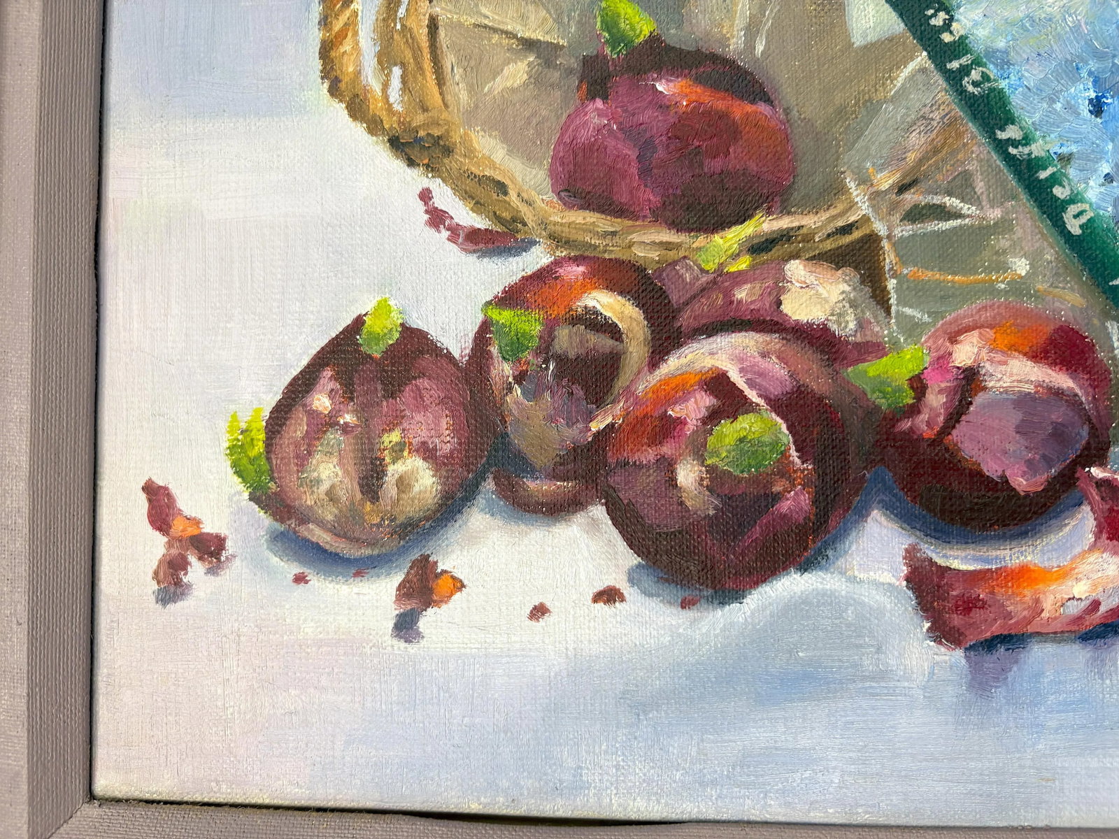 Original Framed and Signed Painting on Canvas of 'Hyacinth Bulbs in a Basket' - 6
