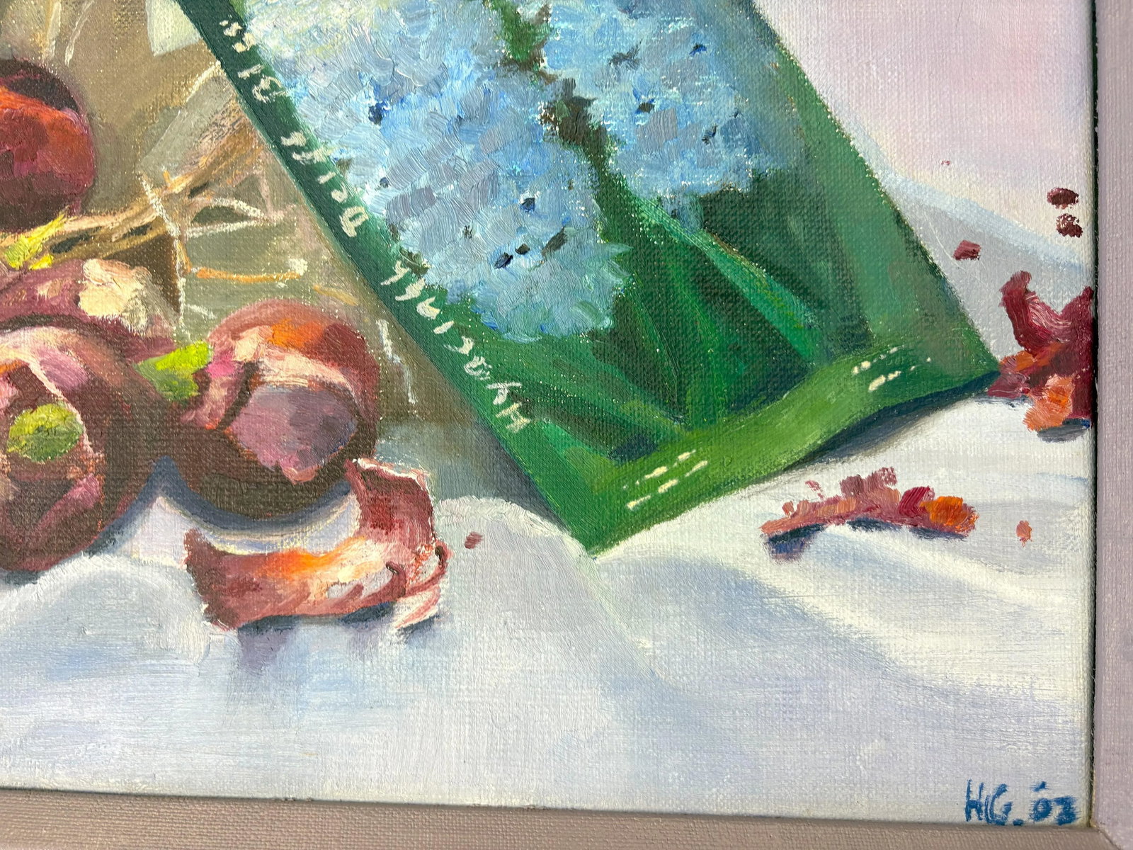 Original Framed and Signed Painting on Canvas of 'Hyacinth Bulbs in a Basket' - 7