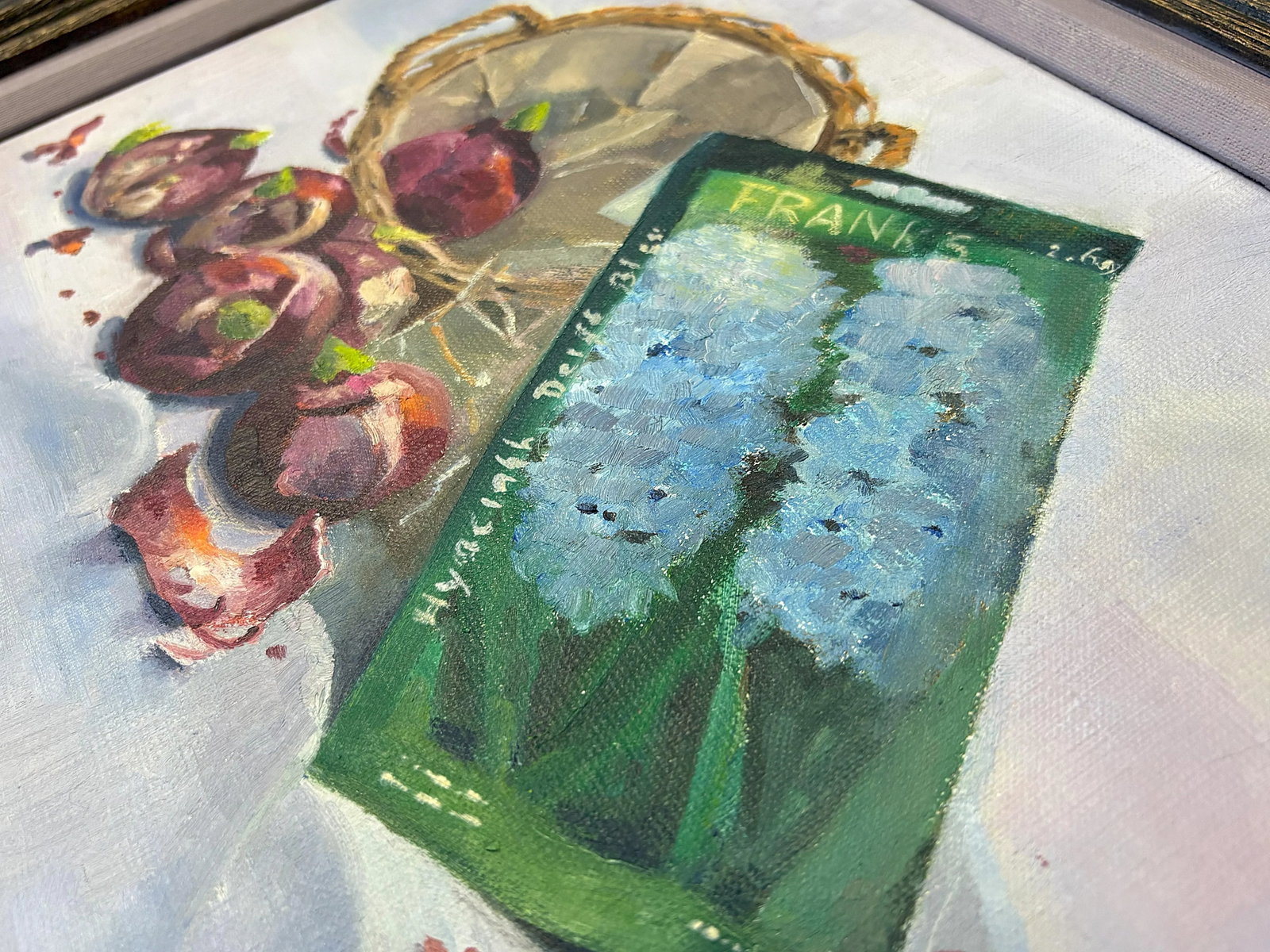 Original Framed and Signed Painting on Canvas of 'Hyacinth Bulbs in a Basket' - 9
