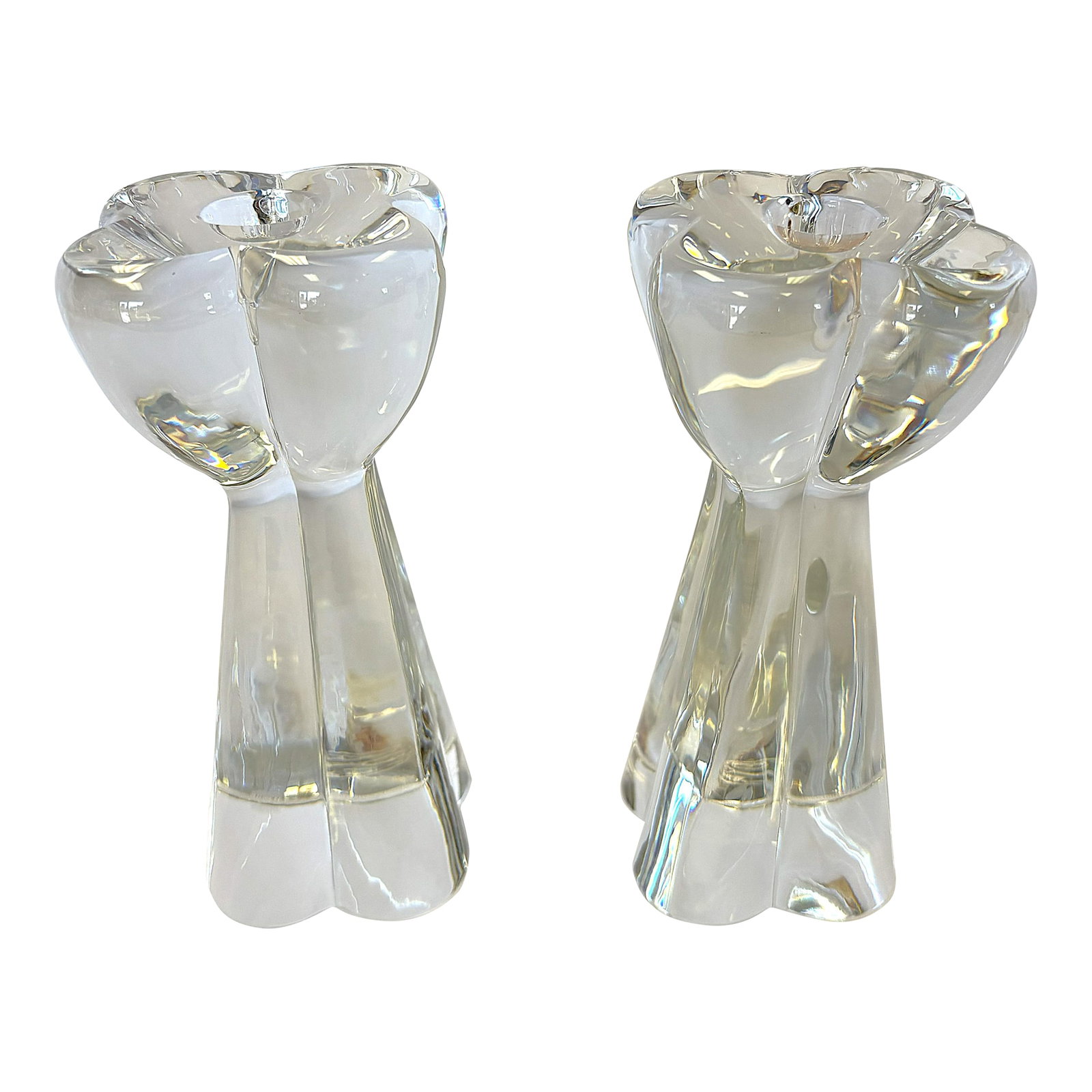 Vintage Baccarat France Clover Diomede 7" Tall Heavy Crystal Candlesticks - A Pair: Great pair of vintage Baccarat Clover Diomede heavy crystal candlesticks from the late 20th century. The pair have an Art Deco clover shape and were made in France. There are no chips and no box.
