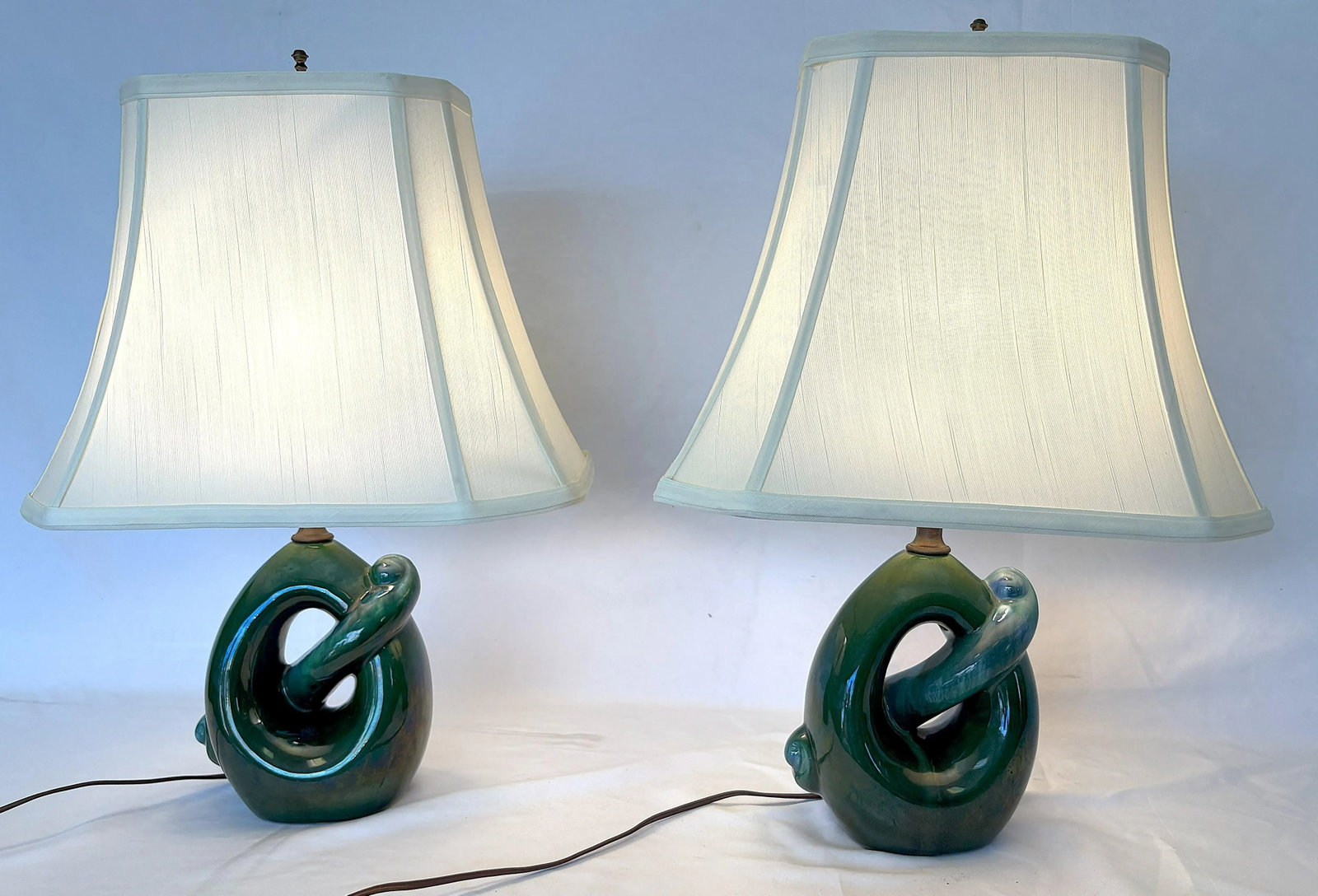 Mid Century Modern Royal Haeger Style Green-Blue Drip Glaze Ceramic Lamps- A Pair - 10