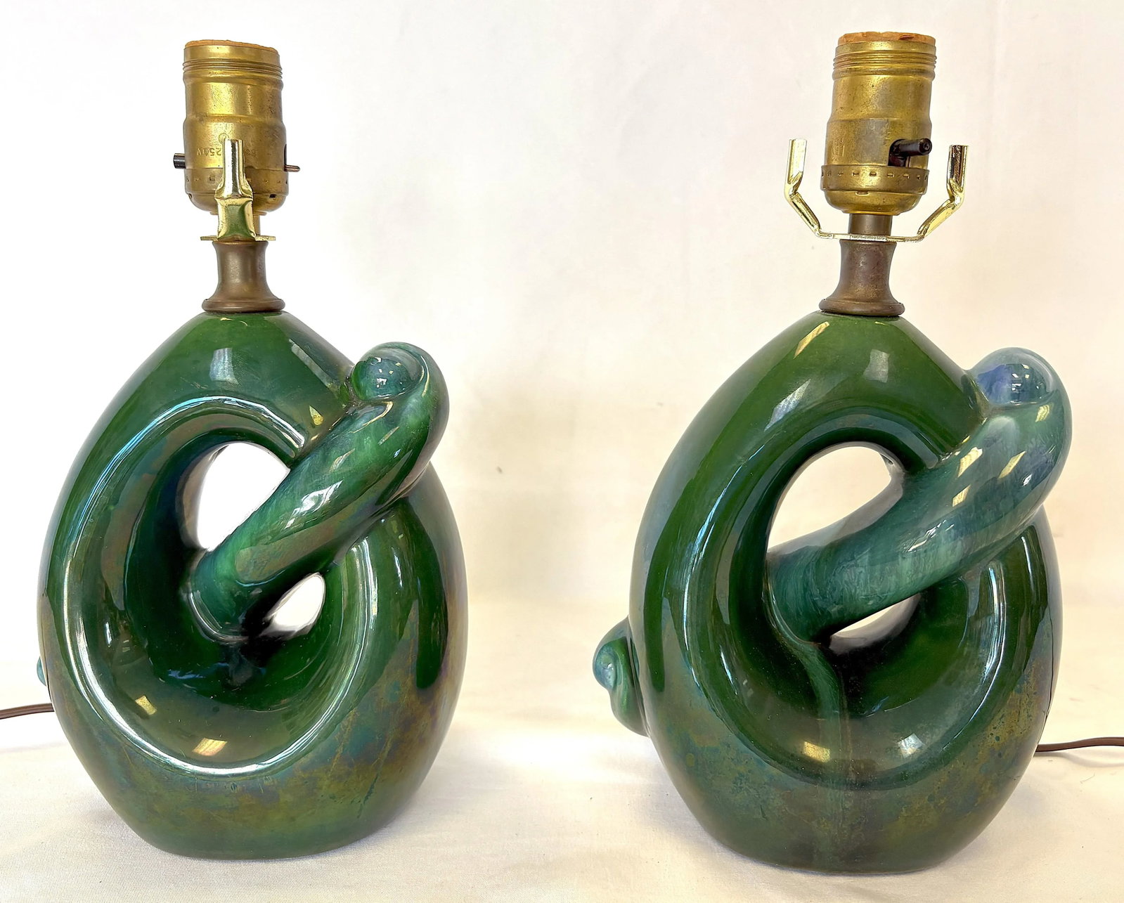 Mid Century Modern Royal Haeger Style Green-Blue Drip Glaze Ceramic Lamps- A Pair - 2