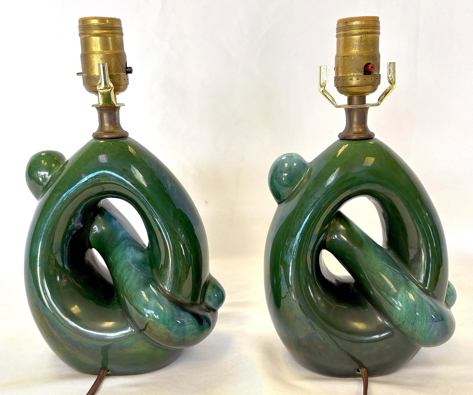 Mid Century Modern Royal Haeger Style Green-Blue Drip Glaze Ceramic Lamps- A Pair - 6
