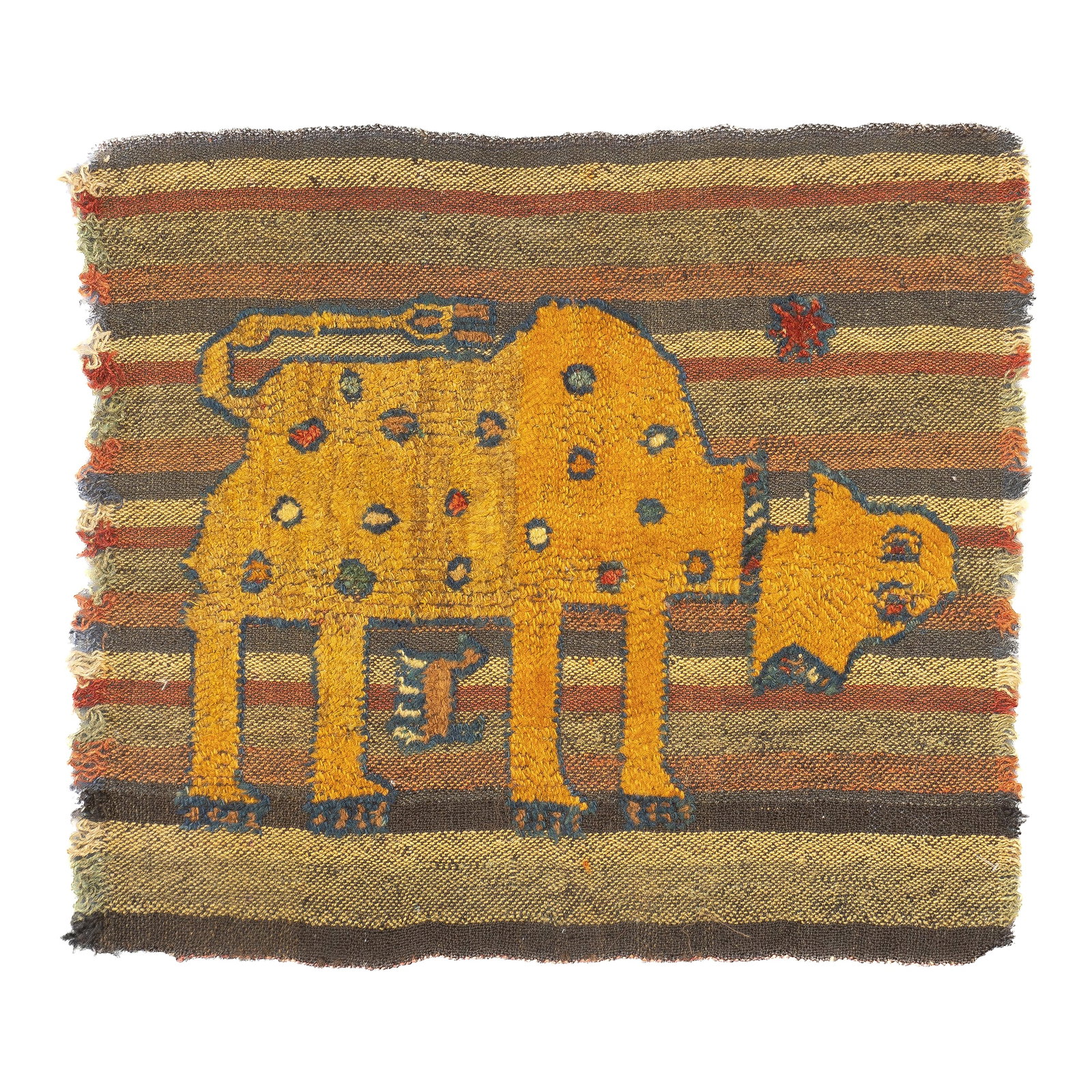Antique Handwoven Gabbeh Palas Textile Art: This antique Gabbeh Palas rug, woven circa 1920, is a rare piece of Persian tribal art. It features a flat-woven wool base with a knotted pile animal motif, highlighting the craftsmanship of nomadic