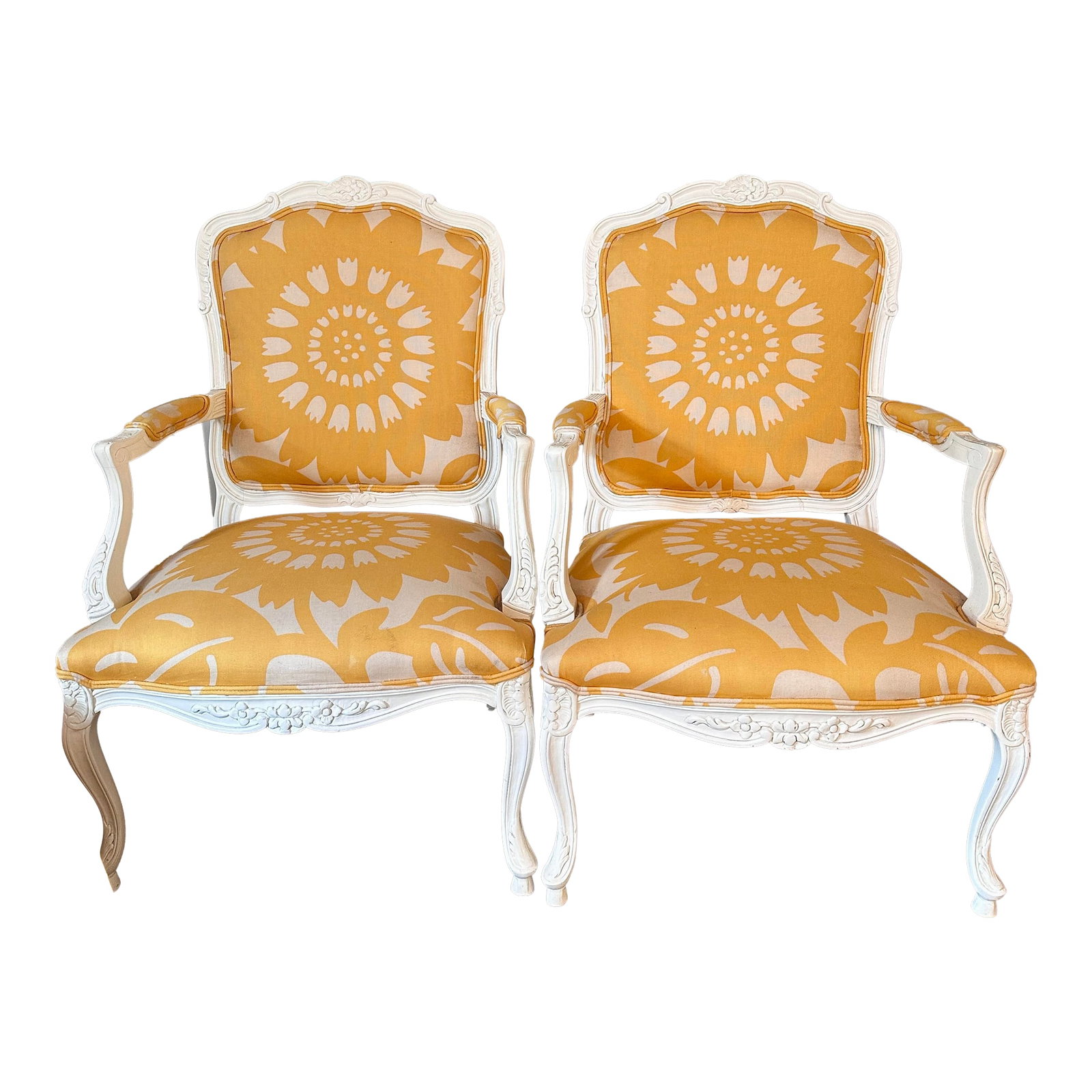 Pair of Vintage Italian Painted Bergere Chairs Upholstered in Yellow and White Linen: This stunning pair of vintage bergere chairs painted glossy white with custom yellow and white floral linen upholstery are perfect for any room needing an uplifting sunny attitude. While the painted