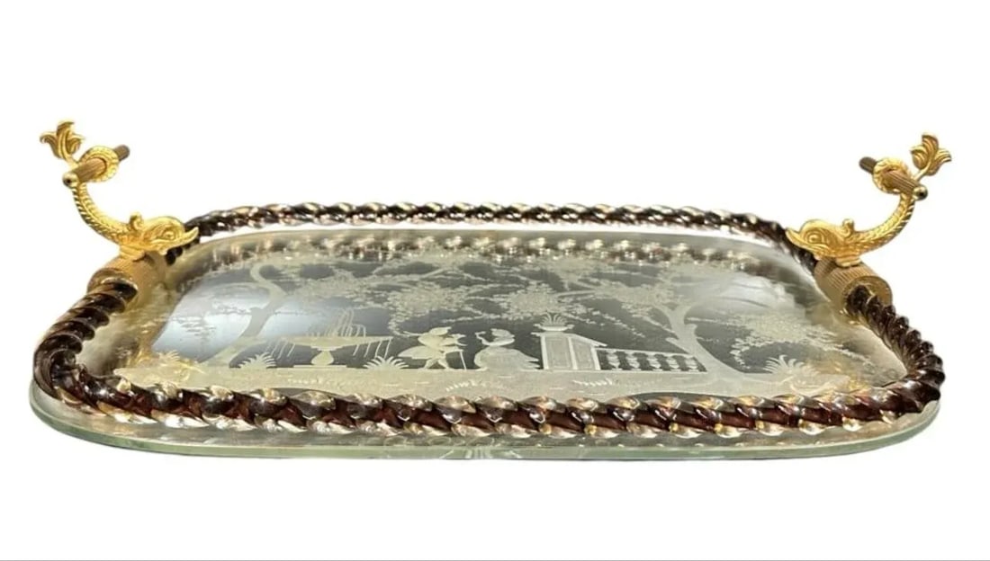 1950's Ercole Barovier Vanity Tray With Twisted Murano Glass Edge and Koi Handles, Italy - 2