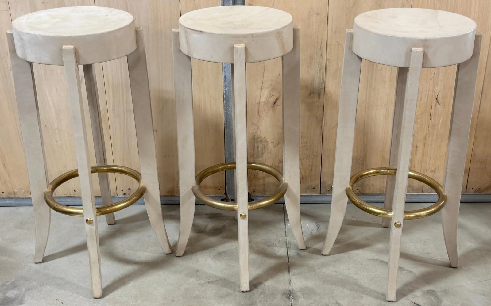 Three Patinated Leather & Brass Barstools Signed Karl Springer, 1990 - 2