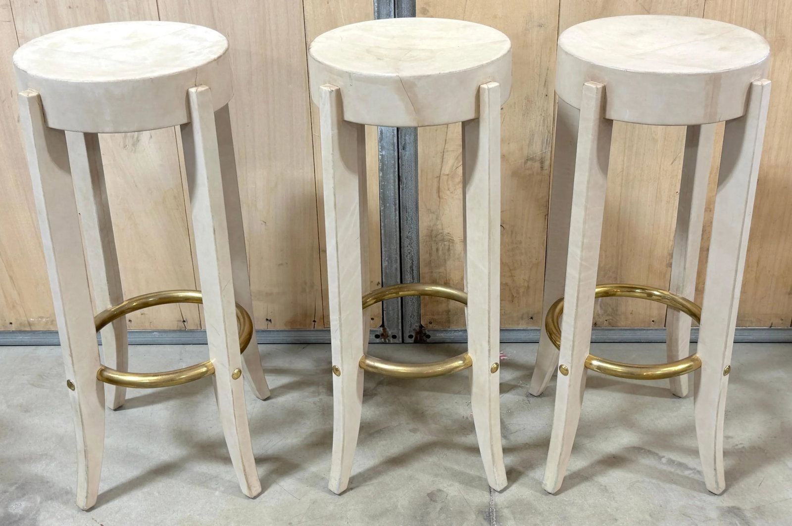 Three Patinated Leather & Brass Barstools Signed Karl Springer, 1990 - 3