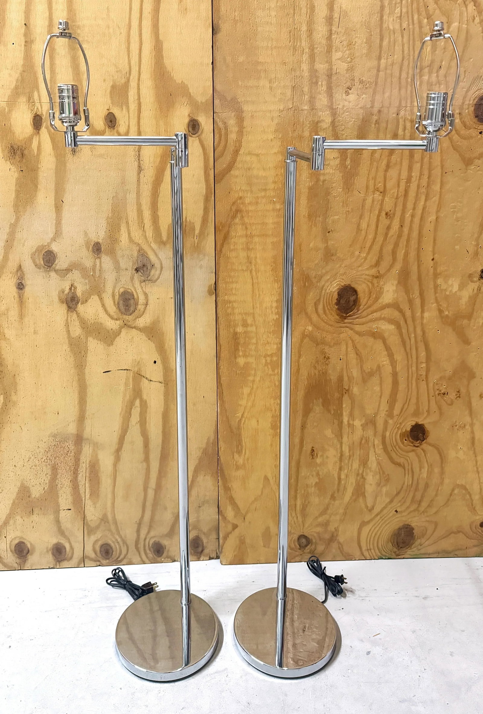 Pair 1970s Walter Von Nessen Style Chrome Swing Arm Floor Lamps with Shades - 11