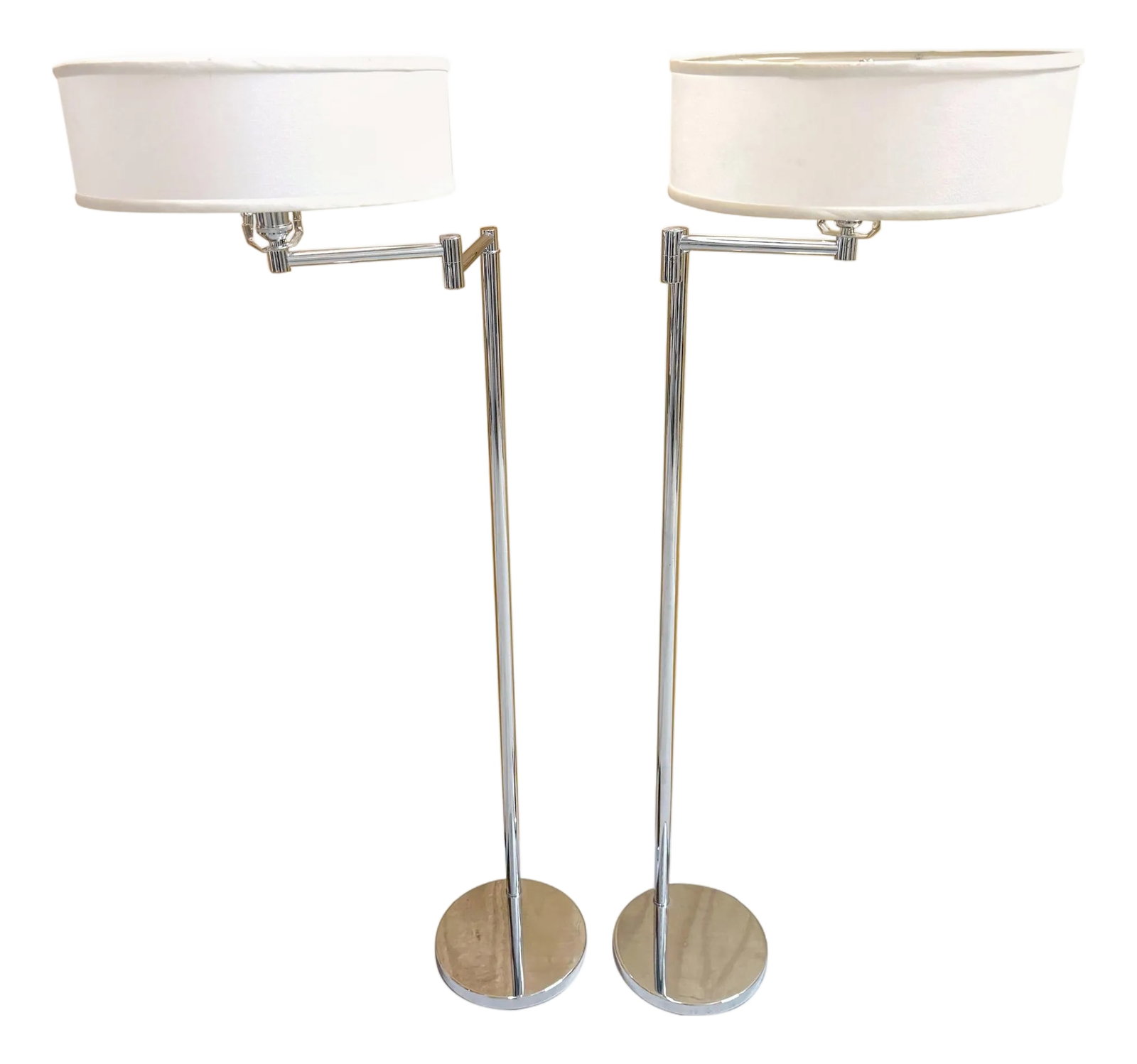 Pair 1970s Walter Von Nessen Style Chrome Swing Arm Floor Lamps with Shades (1 of 11)