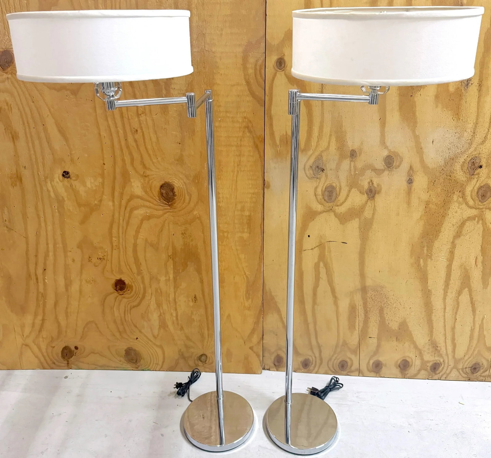 Pair 1970s Walter Von Nessen Style Chrome Swing Arm Floor Lamps with Shades - 4