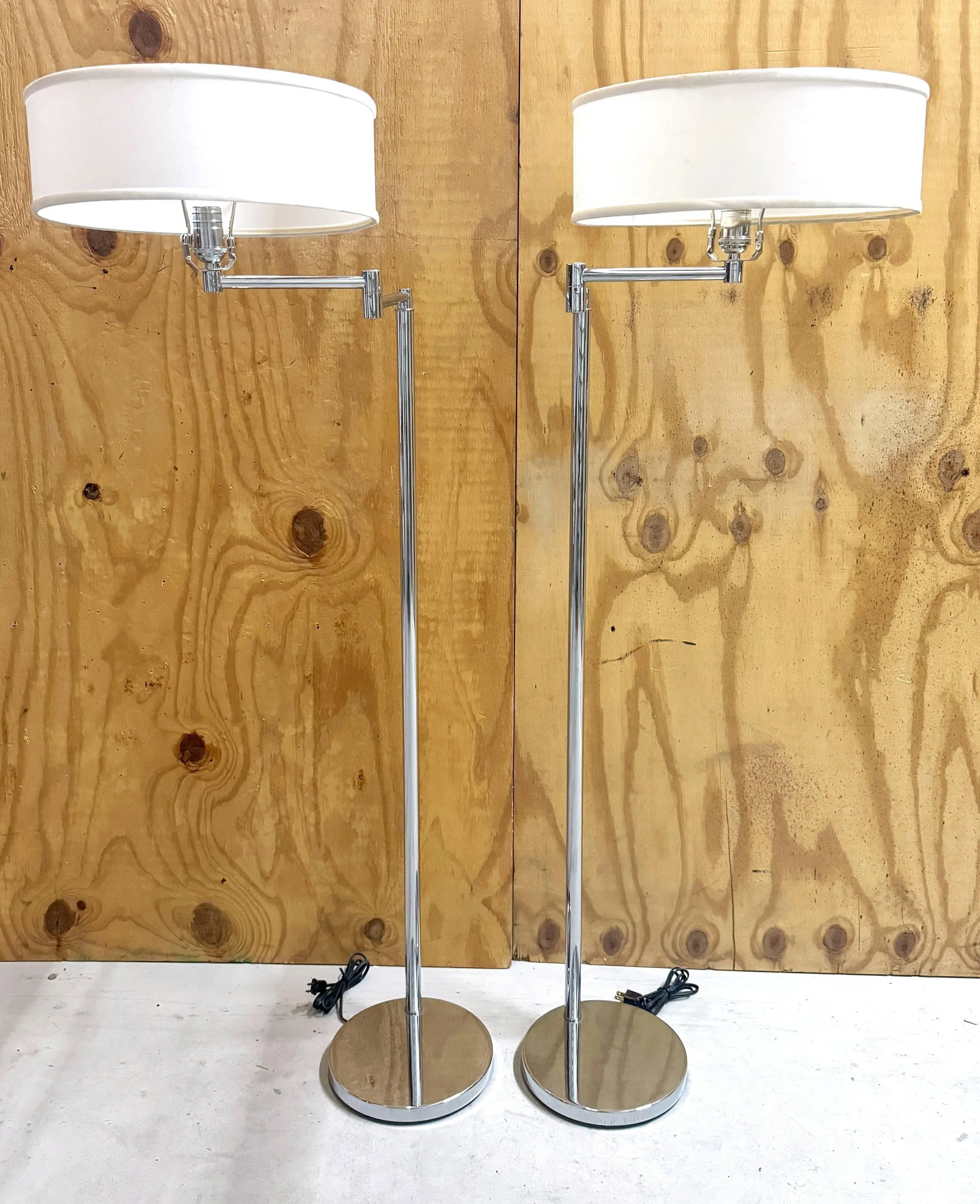 Pair 1970s Walter Von Nessen Style Chrome Swing Arm Floor Lamps with Shades - 5