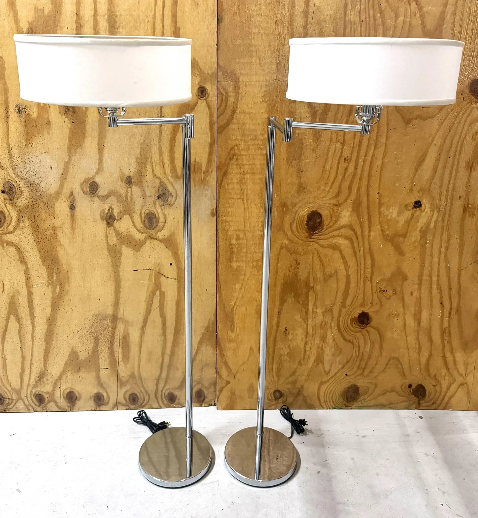 Pair 1970s Walter Von Nessen Style Chrome Swing Arm Floor Lamps with Shades - 6