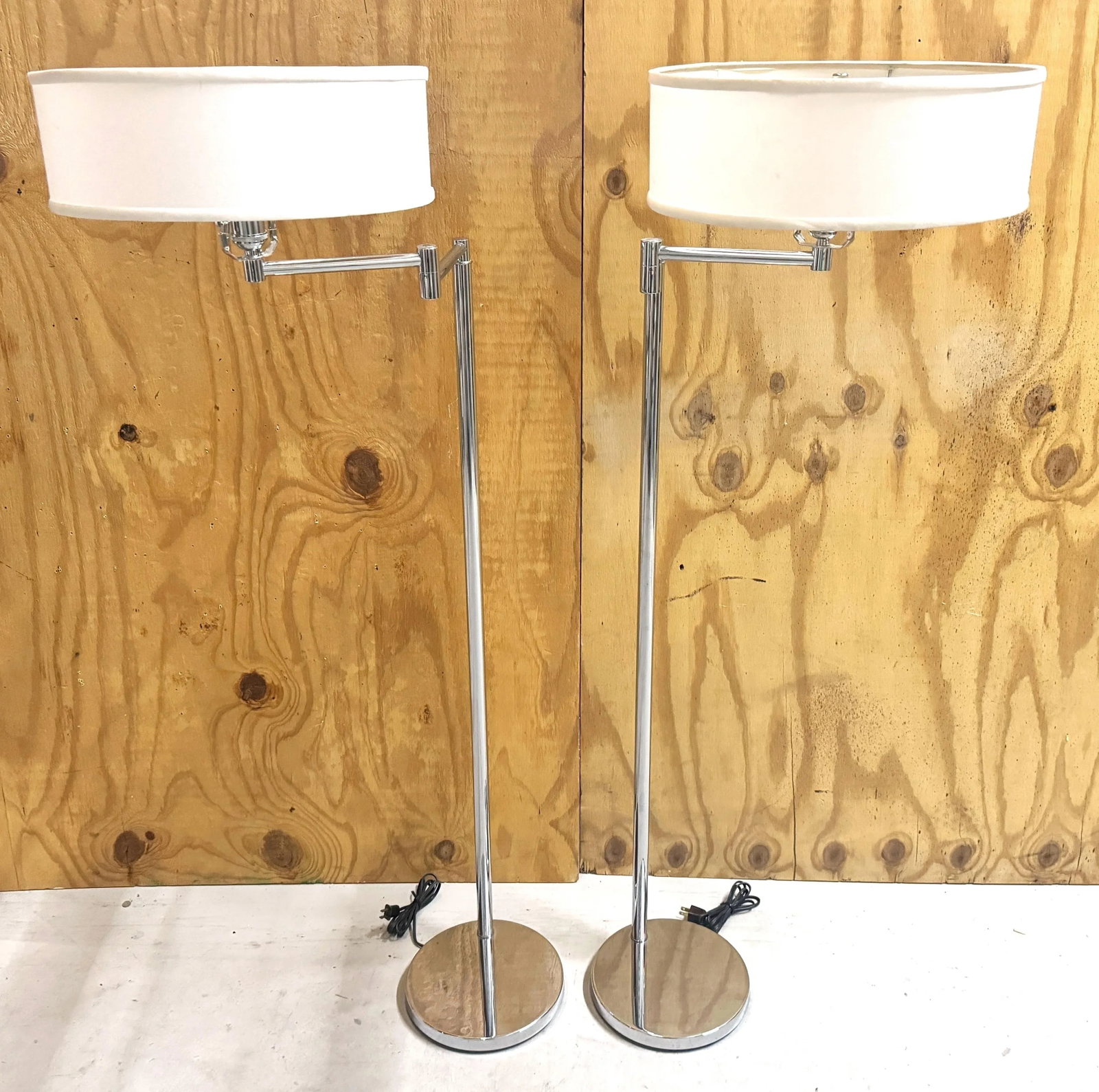 Pair 1970s Walter Von Nessen Style Chrome Swing Arm Floor Lamps with Shades - 7