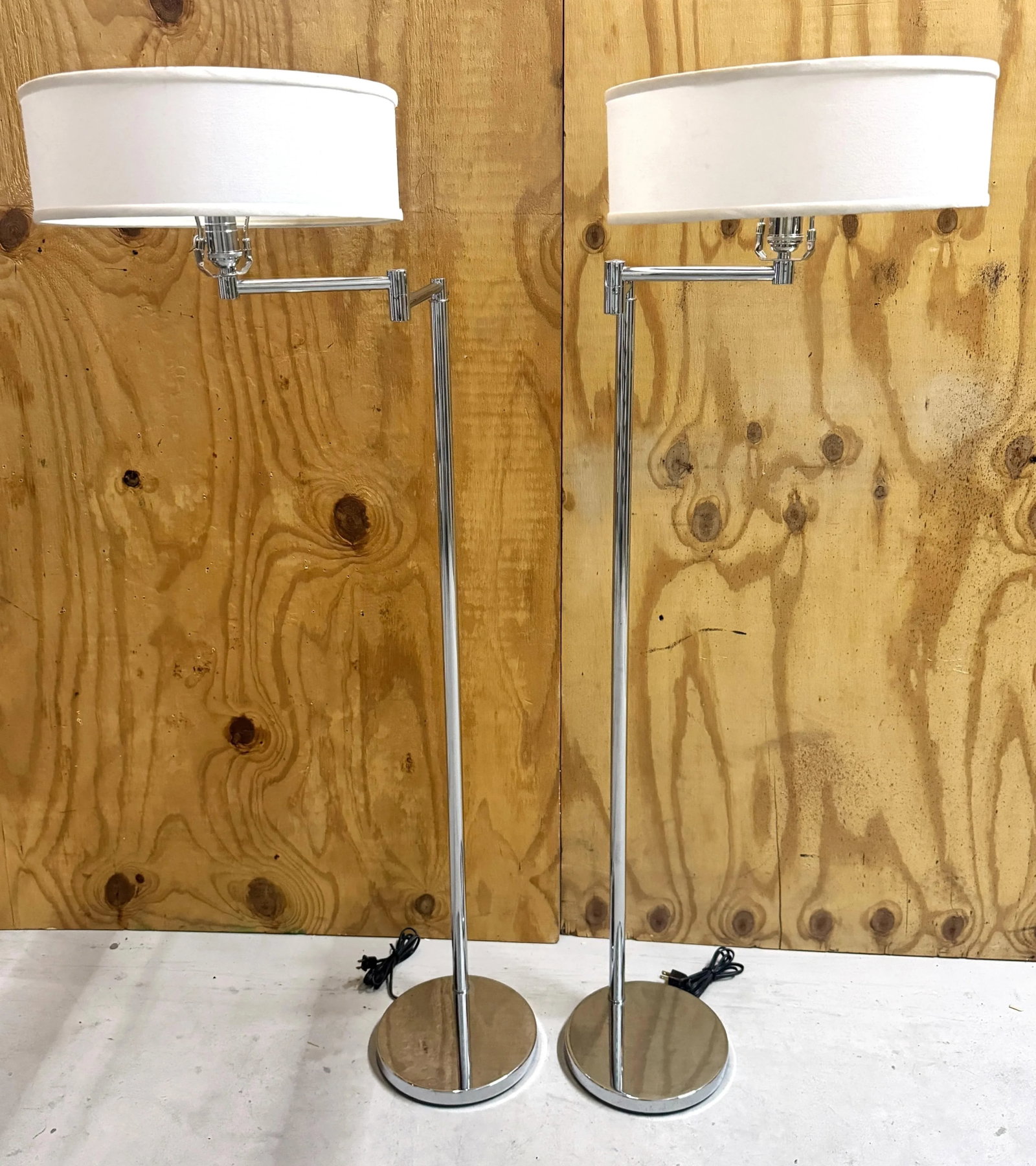 Pair 1970s Walter Von Nessen Style Chrome Swing Arm Floor Lamps with Shades - 8