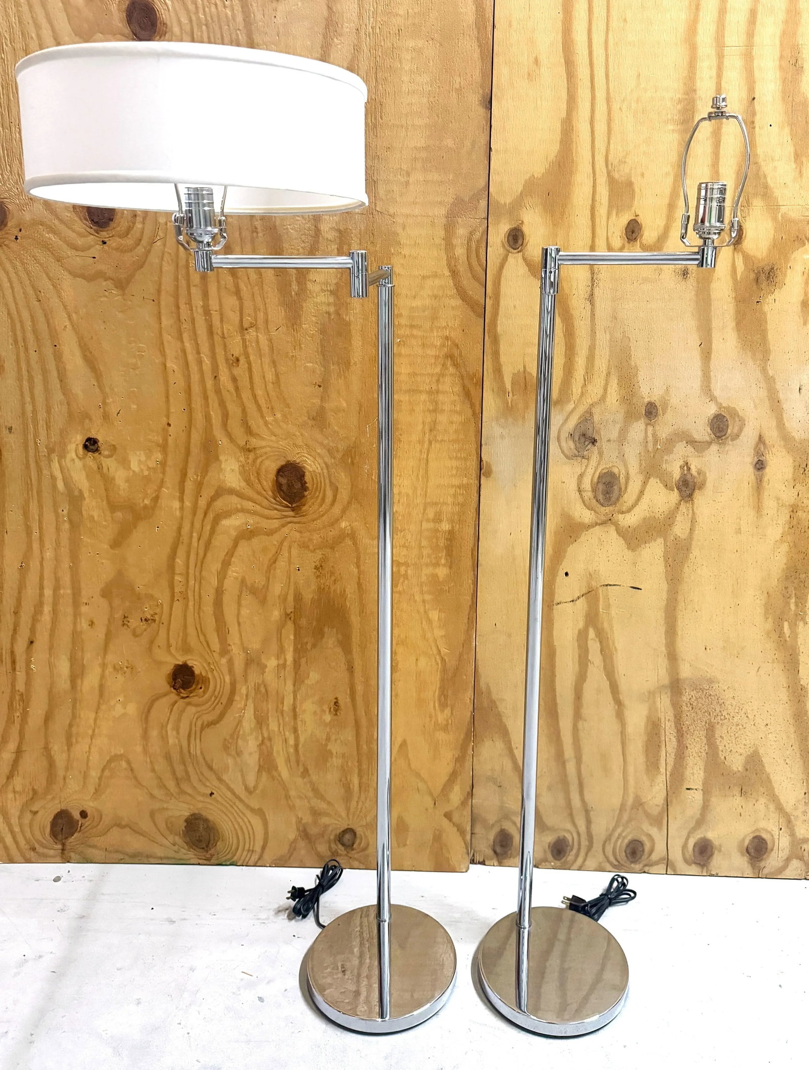 Pair 1970s Walter Von Nessen Style Chrome Swing Arm Floor Lamps with Shades - 9