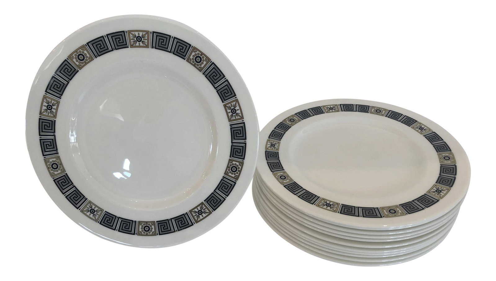 Wedgwood Greek Key Motife Service Dinner Plates - Set of 12: A delicious set of 12 Wedgwood dinner service plates having black and gold border with fabulous Greek key motife. Condition: Alterations: Original Condition Unaltered Imperfections: Some