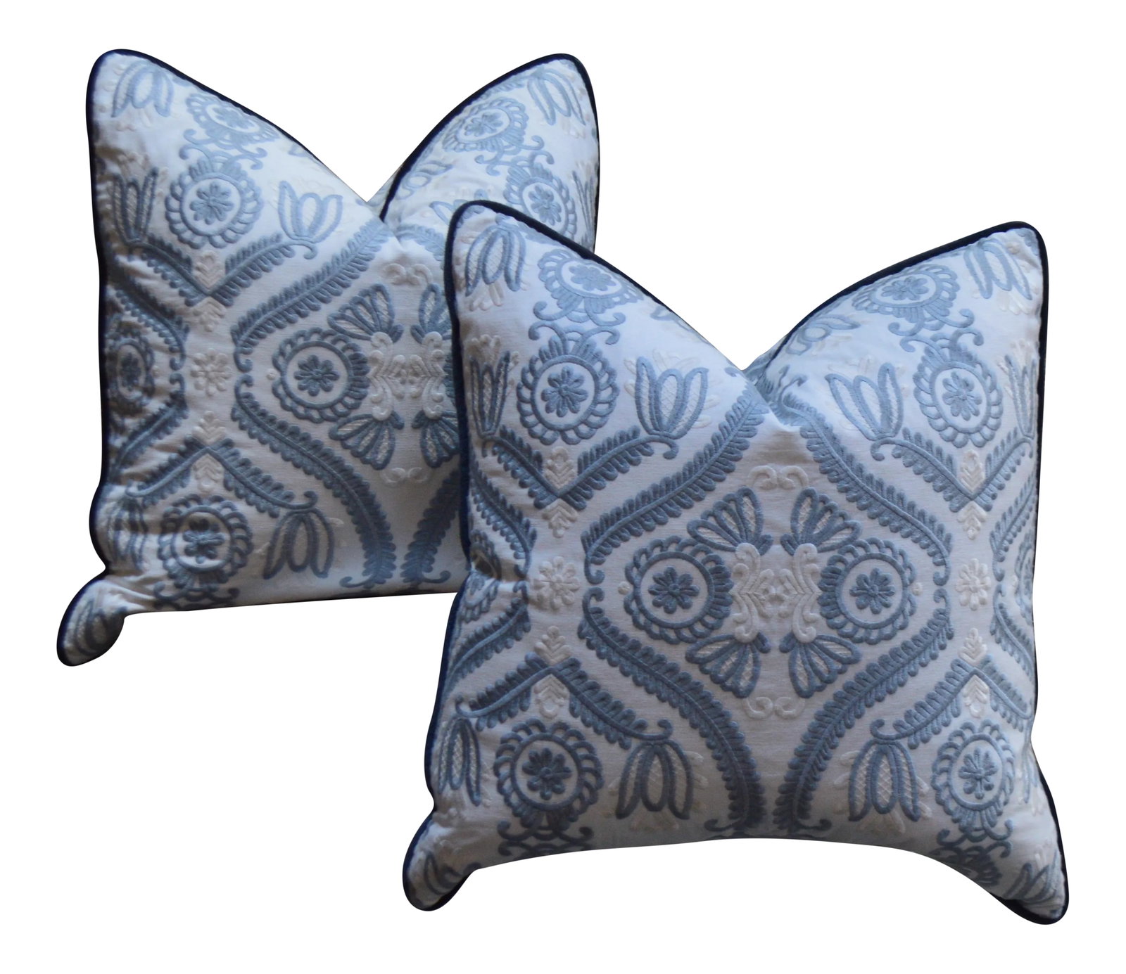New Blue and White Embroidered Damask Throw Pillows 22in. X 22in. - a Pair: Newly fabricated classic blue and white damask design embroidery pillows. Zipper closure. Soft feather pillow forms included.* *Alternately available with poly fill pillow forms upon request.