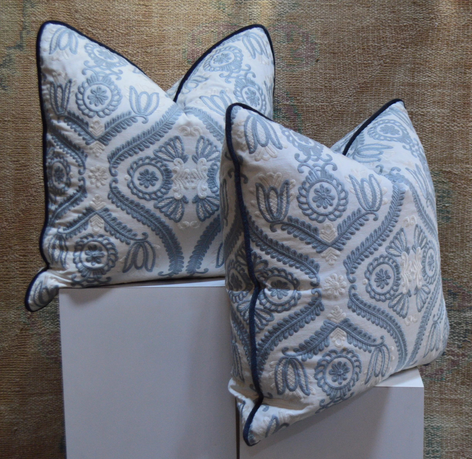 New Blue and White Embroidered Damask Throw Pillows 22in. X 22in. - a Pair - 2